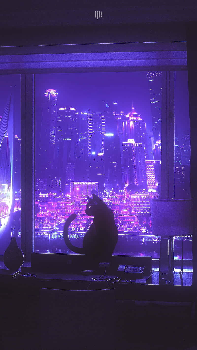 一隻貓在夜晚從窗戶看著發光的紫色城市。