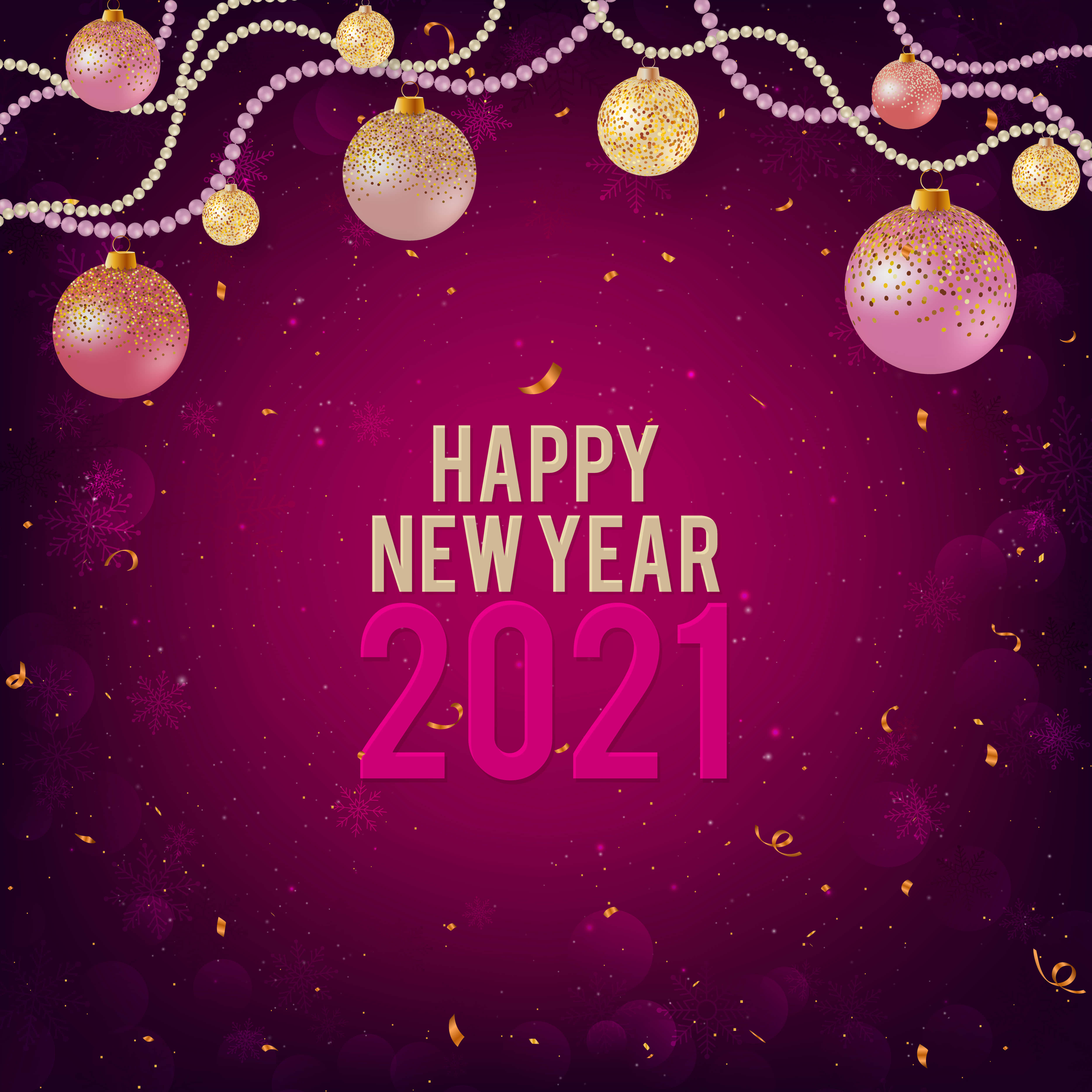 以這張超陽光的2021新年壁紙，為2021年開個好頭！ 壁紙 — 節日紫色背景，飾有閃閃發光的粉紅色和金色裝飾品和五彩紙屑，慶祝2021年新年。