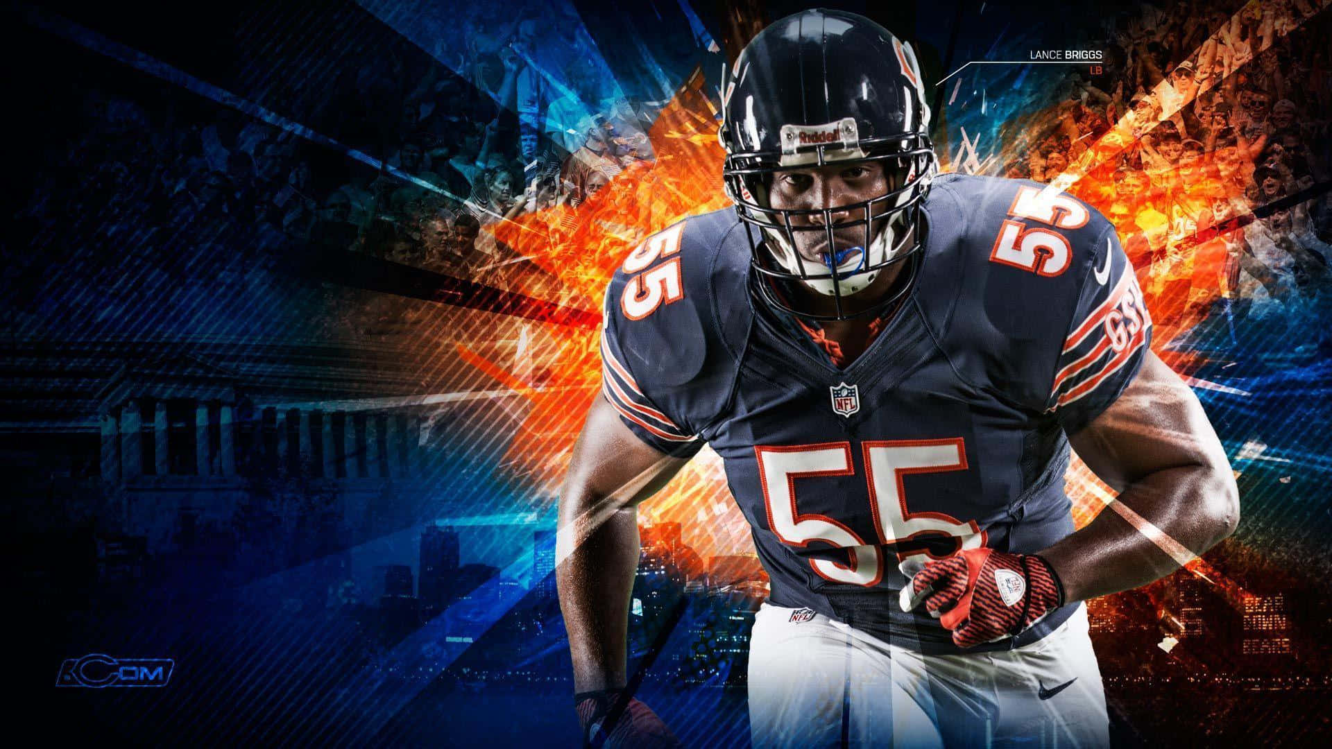 以這款大膽的HD NFL壁紙展現您對球隊的支持與熱情！ 壁紙 — 一名身穿芝加哥熊隊球衣的兇猛NFL線衛，在熾熱的藍色和橙色抽象背景前準備就緒。