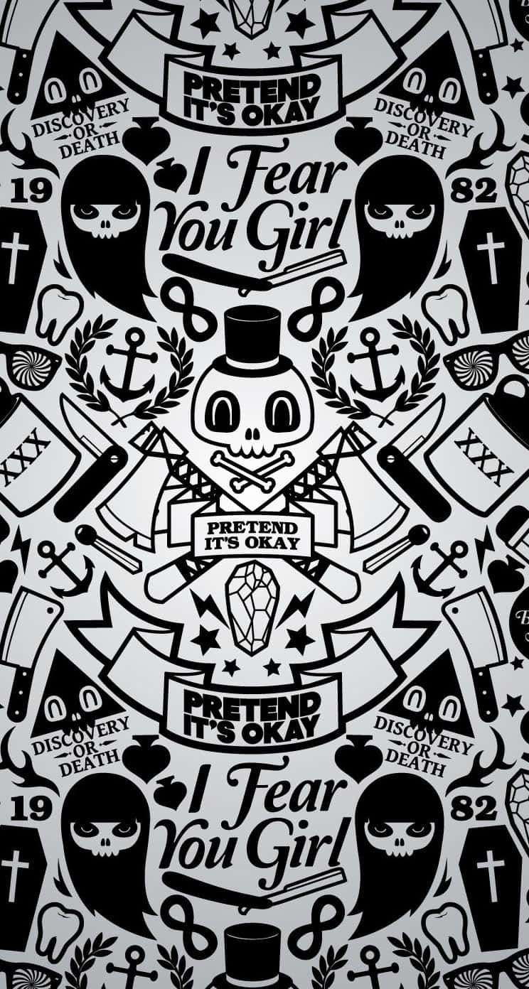 以這款時尚iPhone展現你的自信風采 壁紙 — 黑白圖案牆紙，重複排列著骷髏頭、錨和「pretend it's okay」等文字短語。
