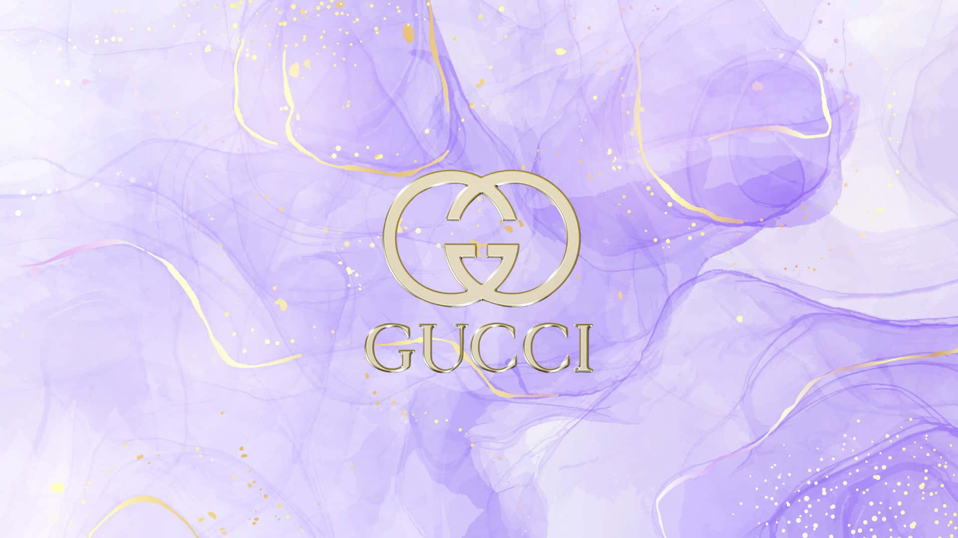 金色Gucci標誌在紫色抽象背景上閃爍著閃亮點綴。