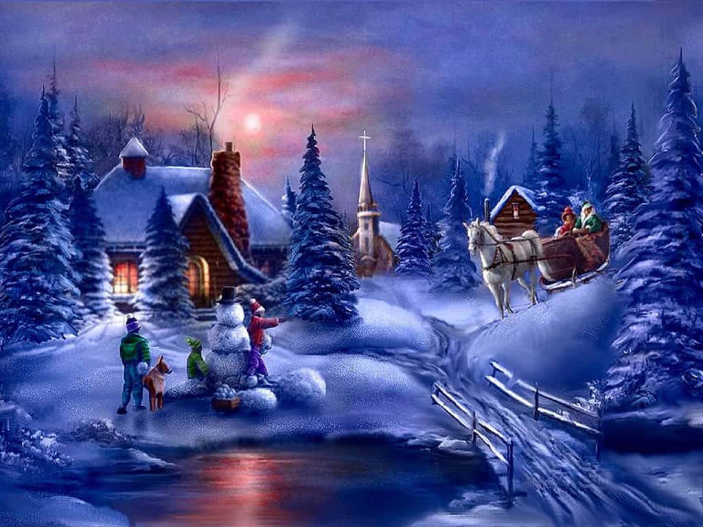 孩子們在積雪的小屋附近堆雪人，一輛雪橇駛過。