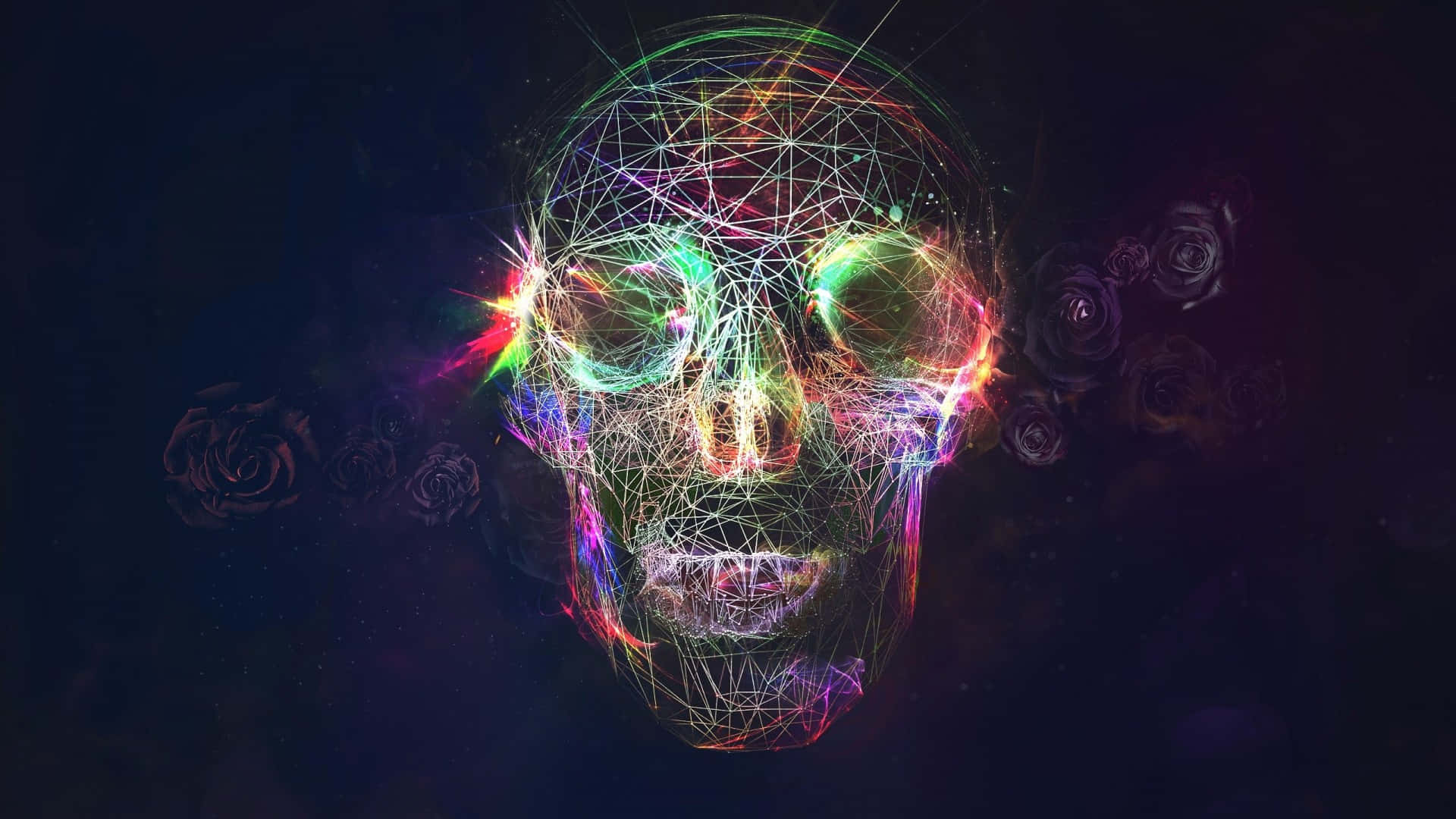 霓虹線框骷髏頭，在宇宙黑暗中帶有發光軌跡和深色玫瑰。