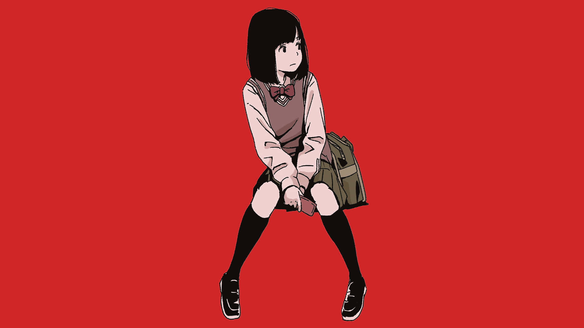 動漫女學生穿著校服盤腿坐著，手持電話，背景為紅色