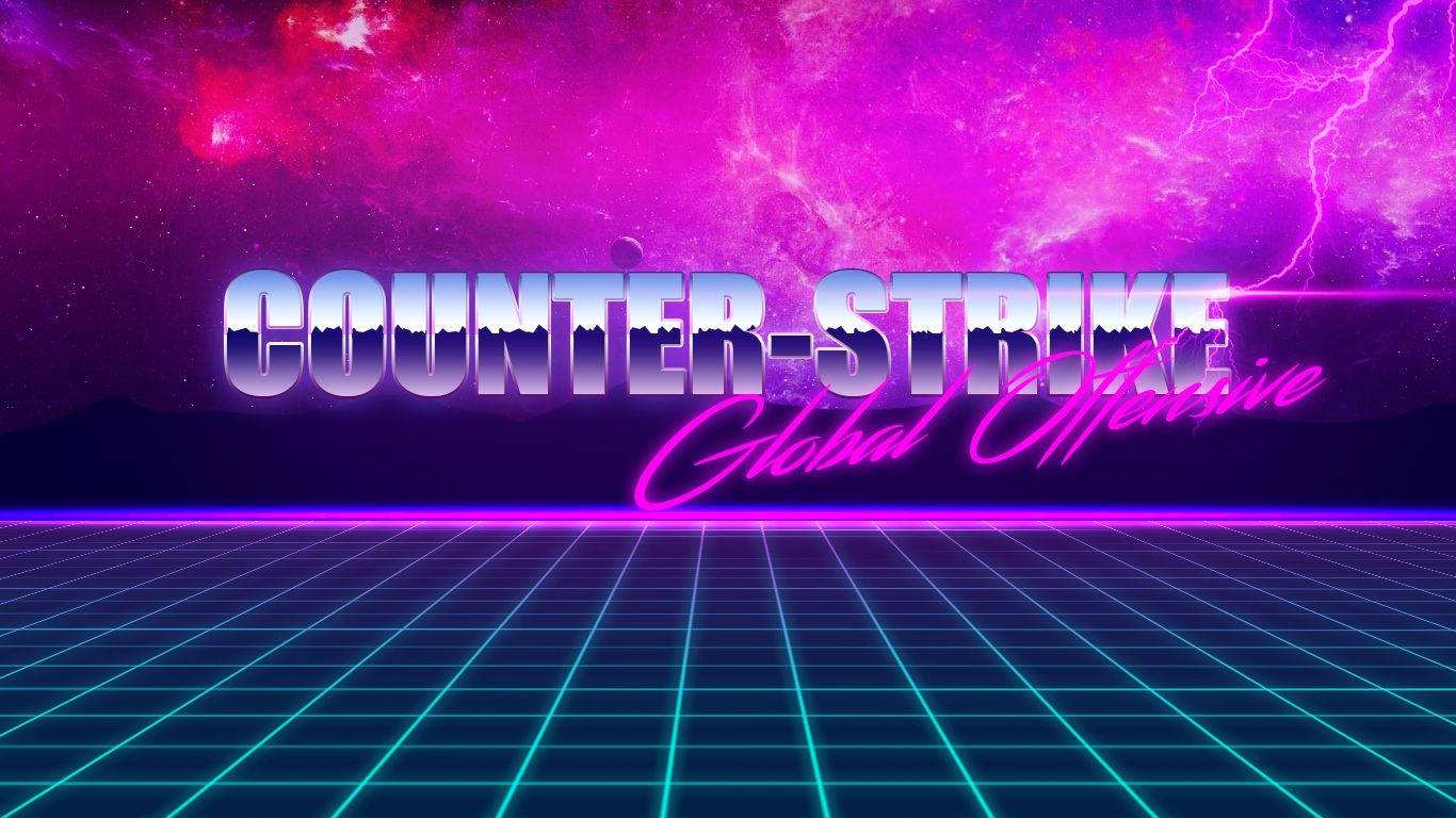 宇宙紫色天空下的霓虹網格地板與遊戲標題Counter-Strike Global Offensive。