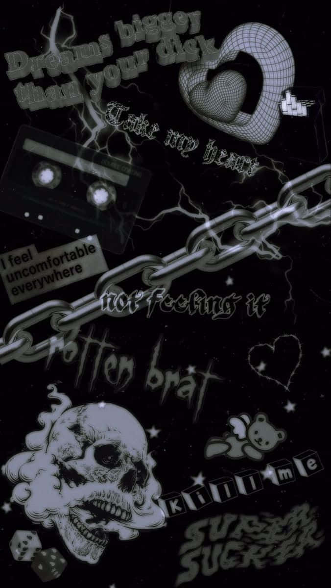 一個帶有骷髏頭卡式錄音帶鏈條和混亂文字的暗色拼貼畫。