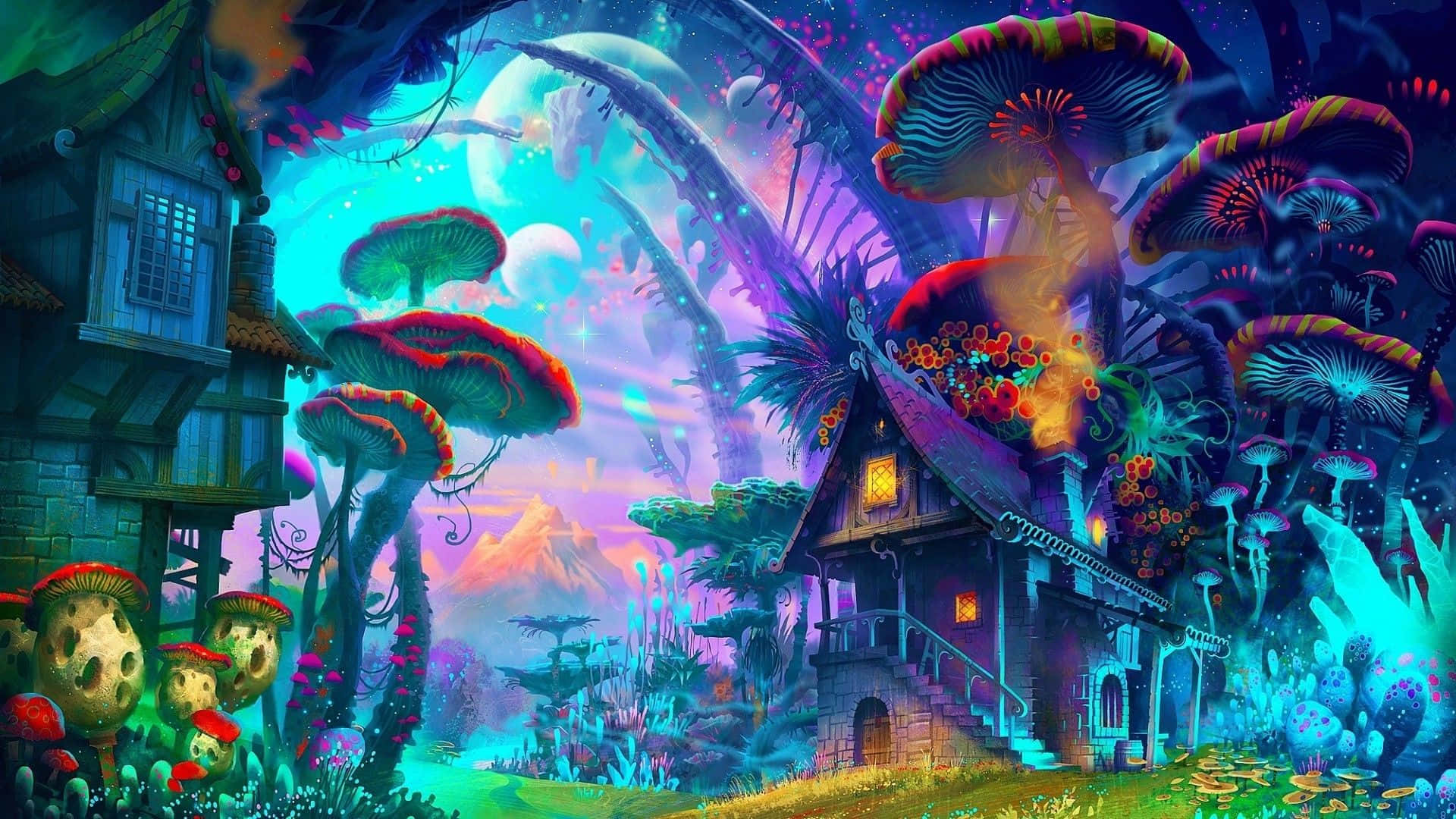 以這款迷幻桌面展開一場超現實旅程 壁紙 — 一間奇幻小屋坐落在超現實暮色天空下，周圍環繞著巨大的發光蘑菇。