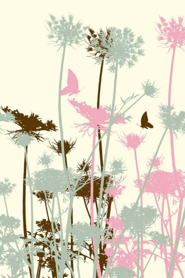 以這款驚豔的iPhone花紋背景捕捉大自然之美 壁紙 — 粉紅色和鼠尾草色的剪影花朵，蝴蝶在柔和的奶油色背景上飛舞。