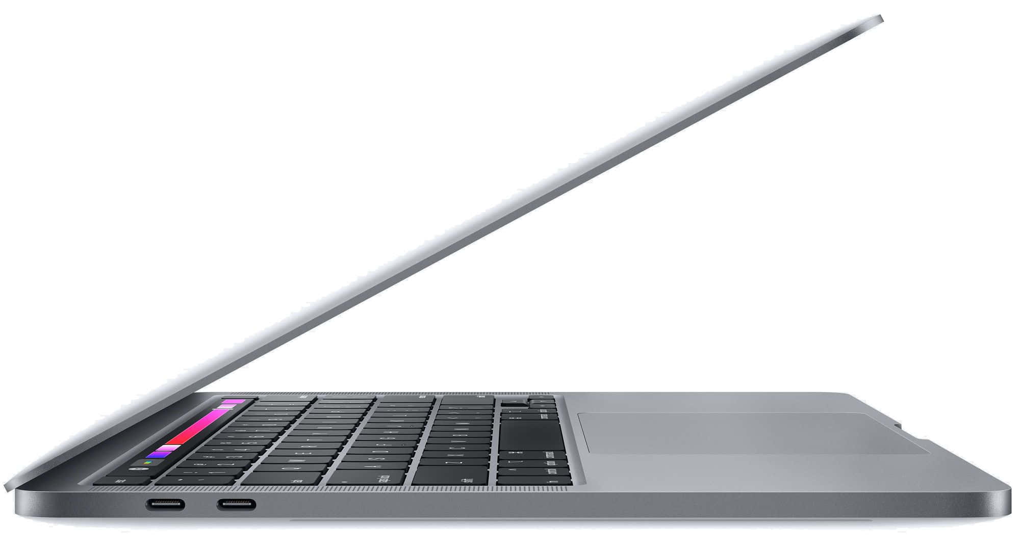 以進階版Apple MacBook完成更多工作 壁紙 — 時尚銀色手提電腦傾斜打開，在純白背景上展示鍵盤和觸控板。