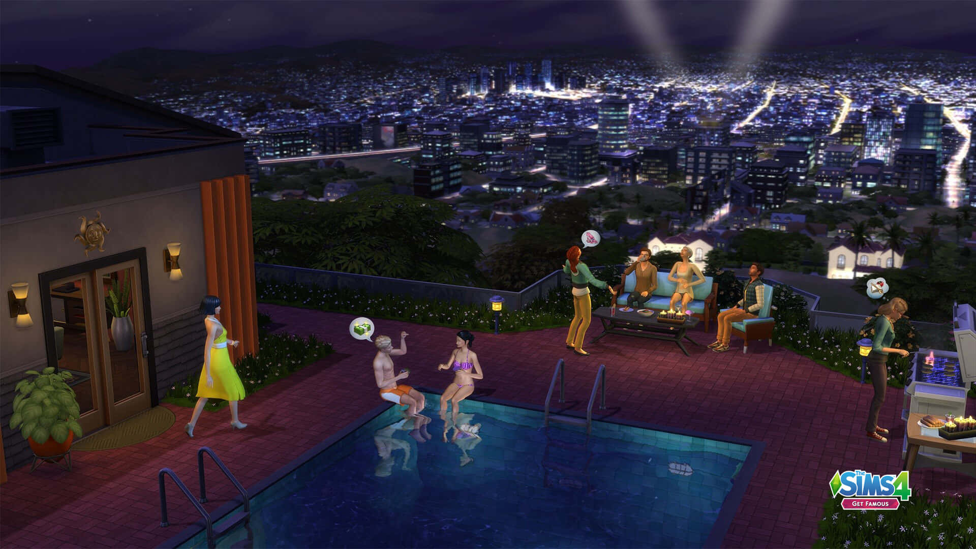 以遊戲 Zoom 燦爛發光！ 壁紙 — Sims 角色在可俯瞰夜間活力城市景觀的屋頂泳池甲板上社交。