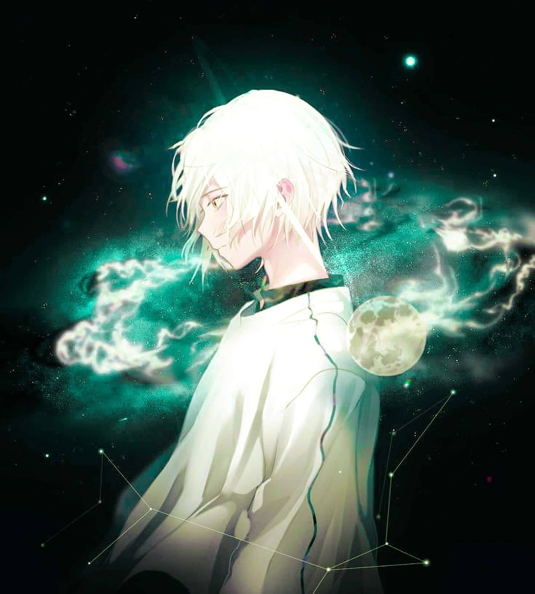 白髮動漫男孩在宇宙空間中，有綠色星雲和月亮