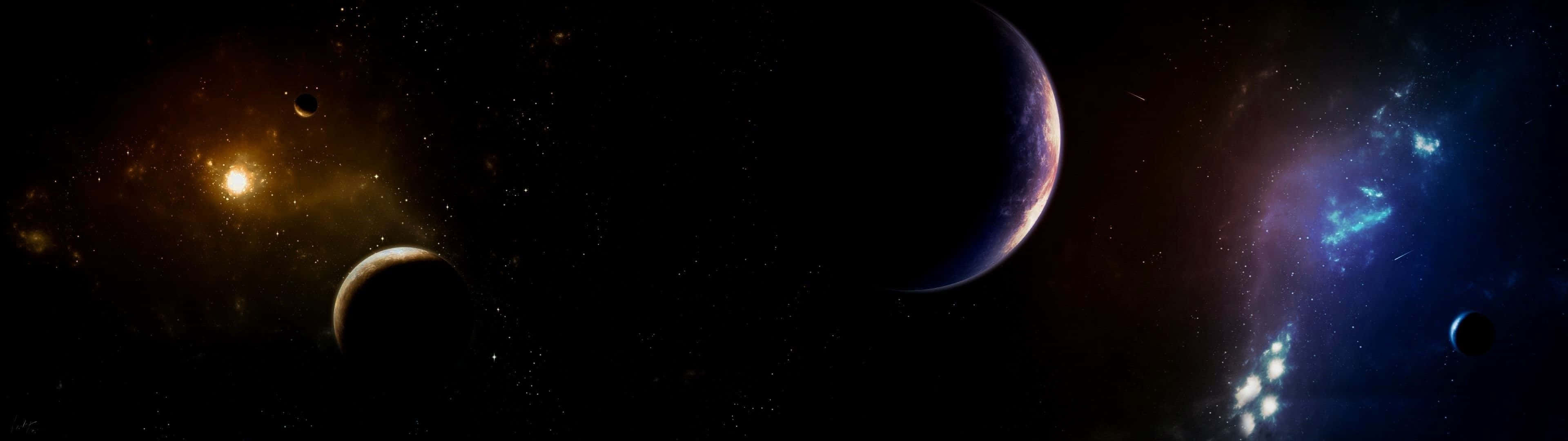 在浩瀚太空中，遙遠行星和發光星雲的壯麗景色。