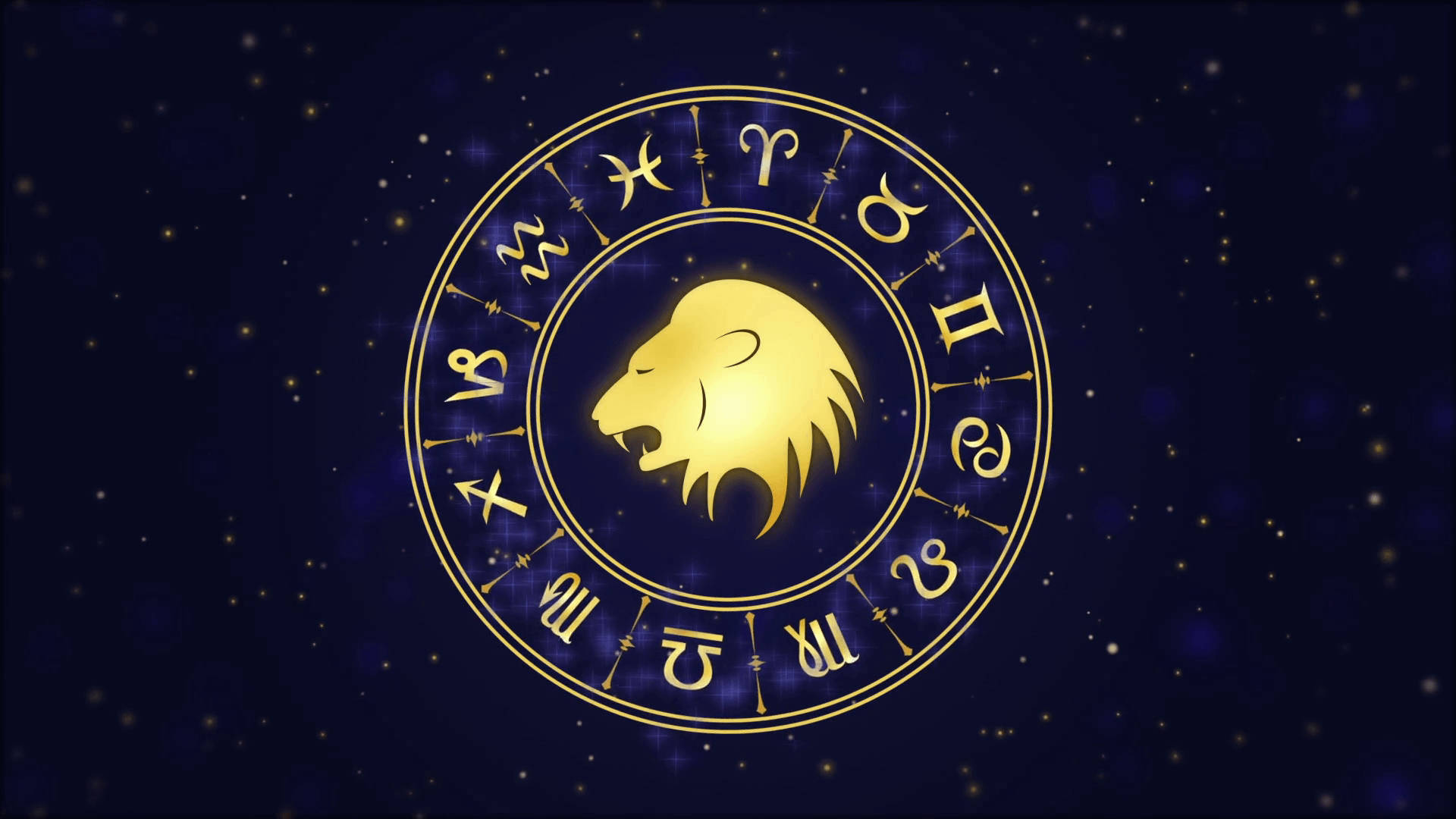 金色獅子座生肖符號，搭配占星學標誌，襯以繁星點點的夜空。
