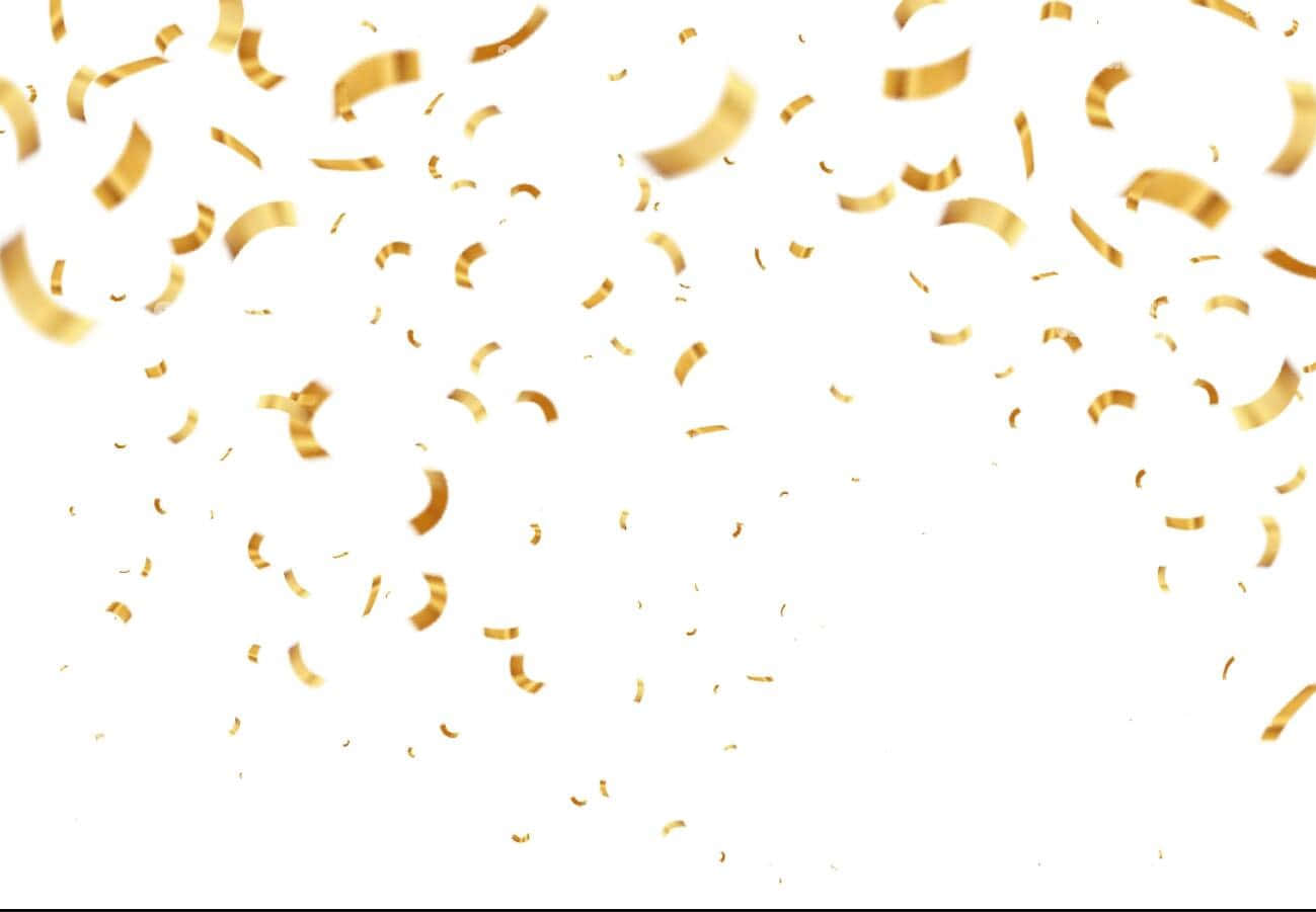 以金箔碎屑，為慶典增添風采！ 壁紙 — 金色紙屑在明亮的白色背景上漂浮和旋轉，營造出節日慶祝場景。