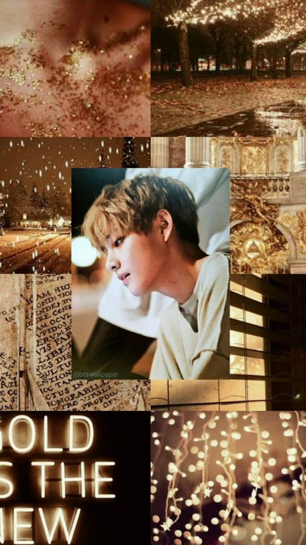 Kpop Aesthetic 桌布 壁紙 — 以金色為主題的拼貼畫， featuring 閃爍的燈光、落下的樹木、華麗的建築，以及一位處於柔和光線中的年輕男子。