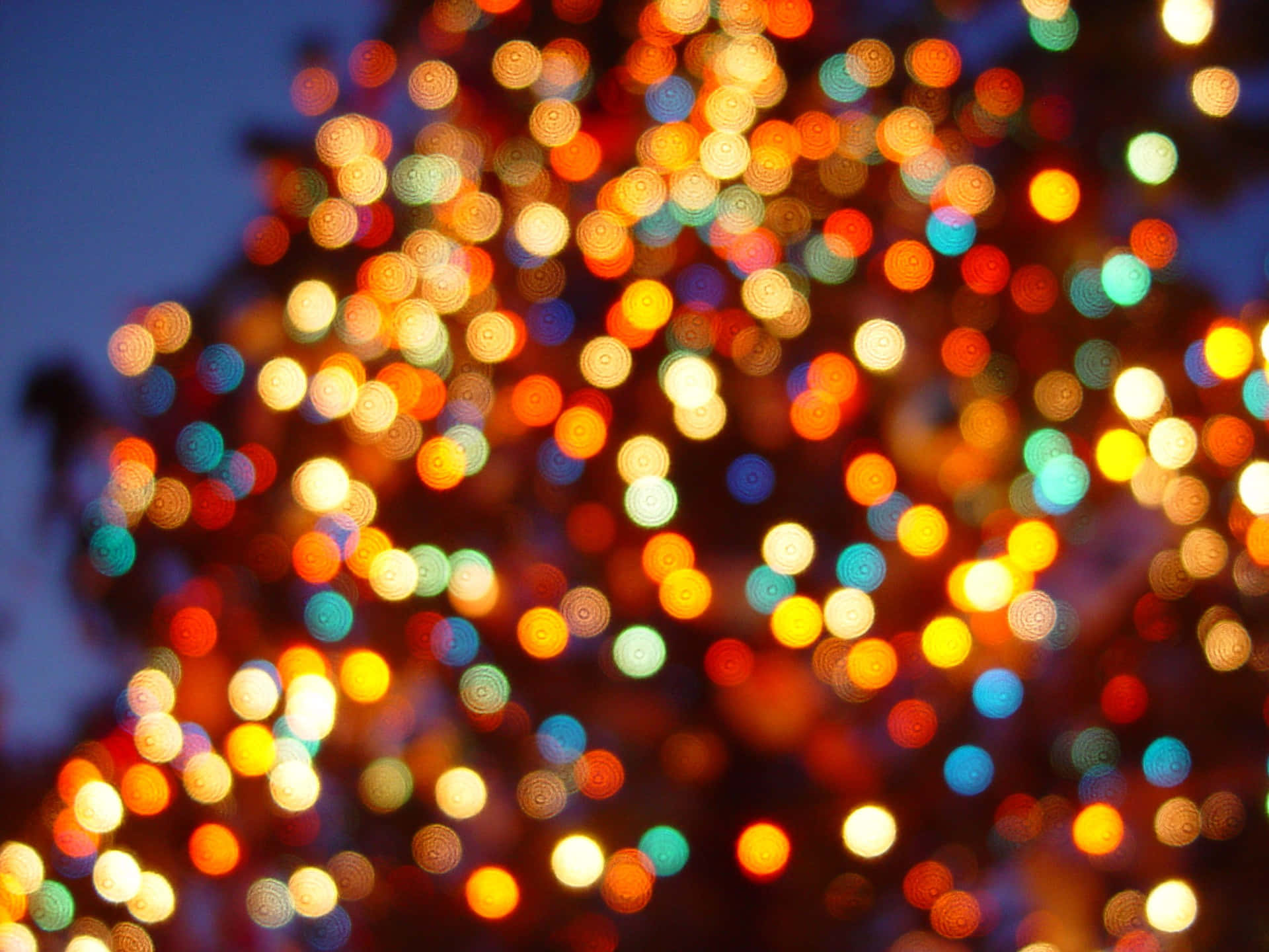 節日般的模糊效果，彩色燈光在暮色天空中閃耀。