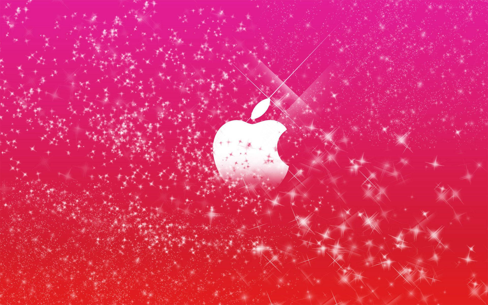 以閃耀粉紅蘋果標誌展現少女風格 壁紙 — 白色Apple標誌在充滿閃爍星爆效果的鮮豔粉紅到紅色漸變背景上發光。