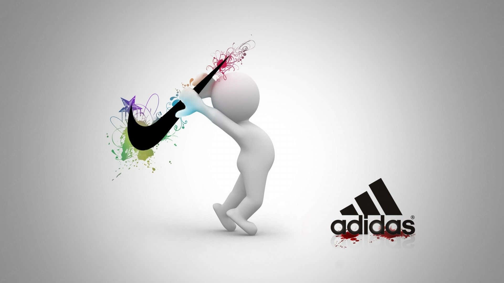 白色3D人物在Adidas標誌附近用彩色飛濺繪畫Nike勾號。