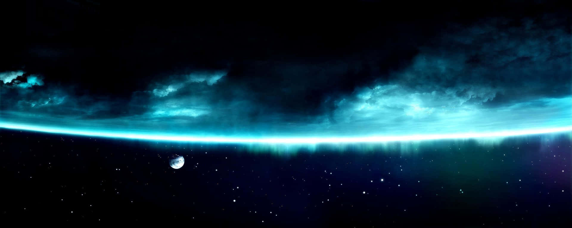 發光的藍色行星地平線，帶有星星和一顆小月亮，背景是黑暗的雲層。