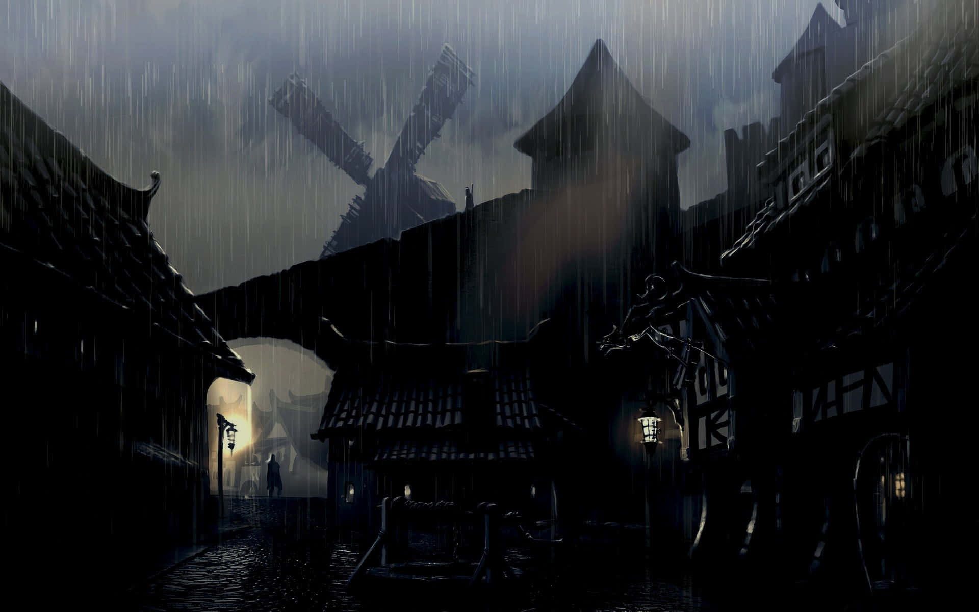 一個孤獨的人在夜晚穿過下雨的中世紀村莊，風車在下方。
