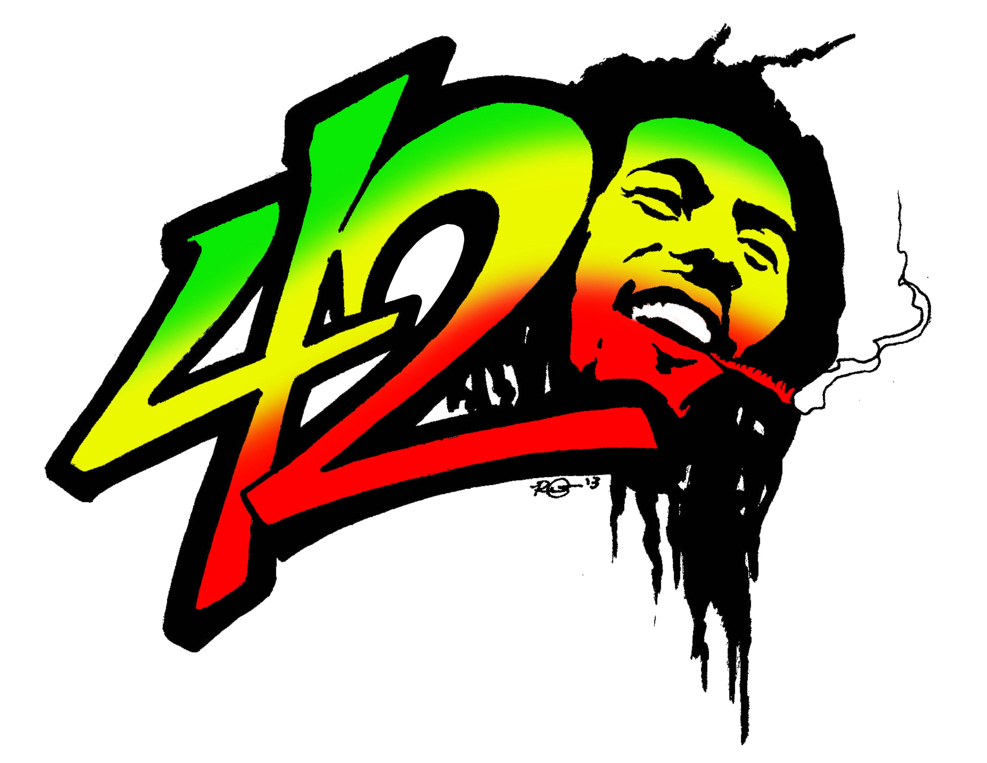 大麻 桌布 壁紙 — 以雷鬼色彩呈現的 42 號和從口中升起的煙霧，充滿活力的塗鴉風格 Bob Marley 肖像。