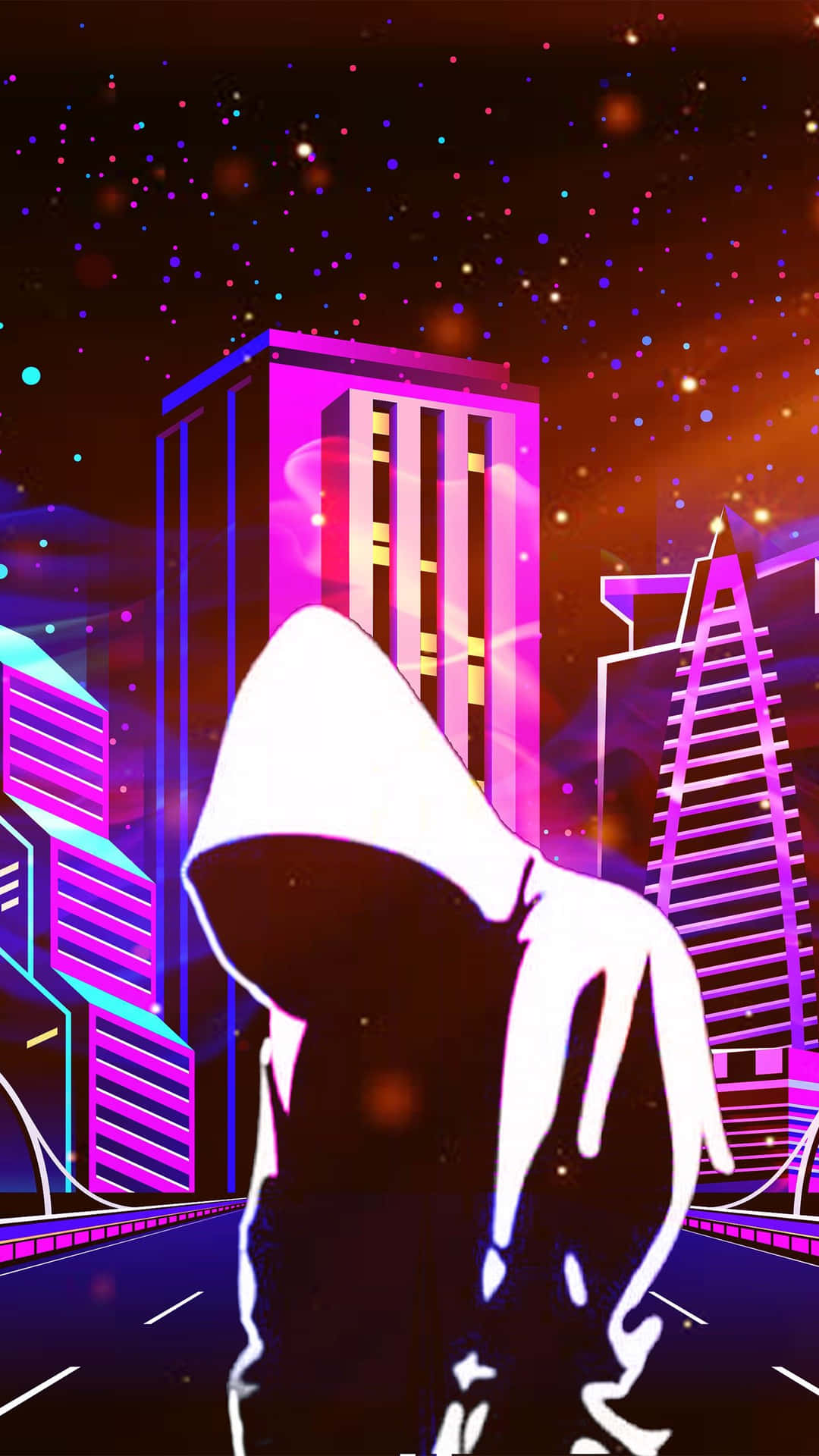 夜晚霓虹城市中一個戴連帽衫的人的剪影，伴隨著發光的建築和星星。