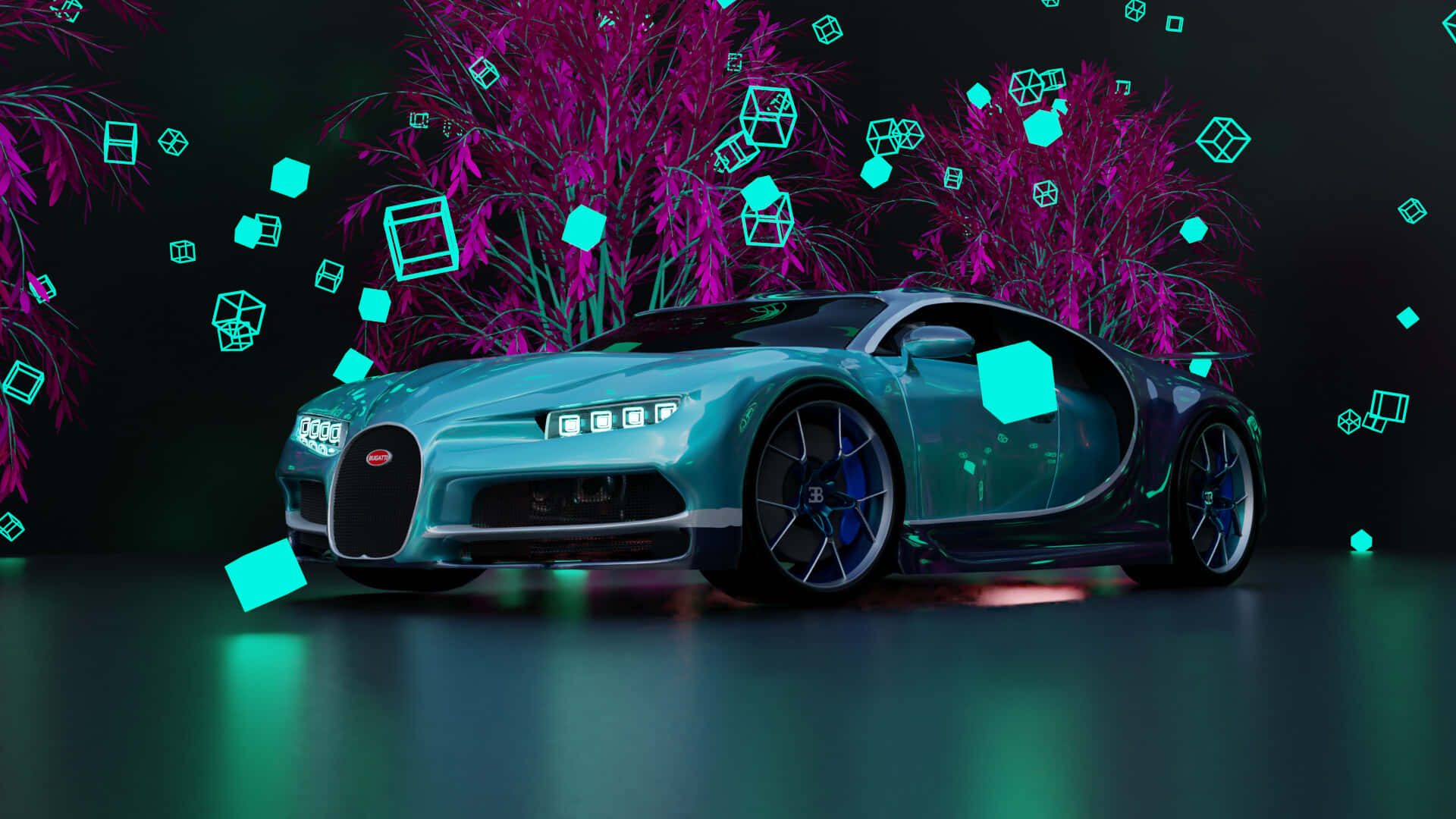 青綠色Bugatti超級跑車被發光的幾何形狀和霓虹粉紅樹木環繞。