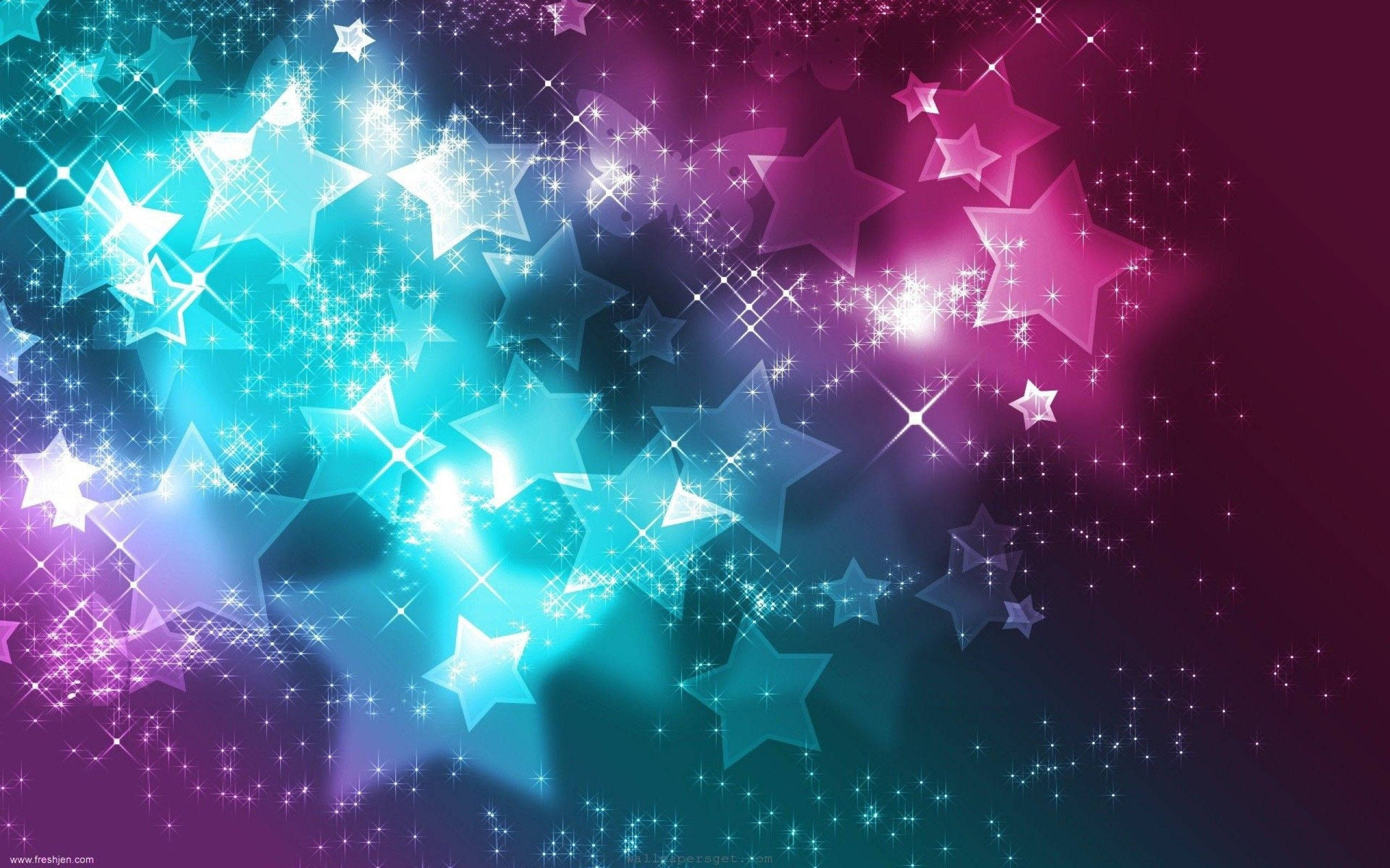 以霓虹星星點亮你的日子 壁紙 — 充滿活力的漸變背景，閃爍的星星從青色過渡到洋紅色，帶有閃爍的光效。
