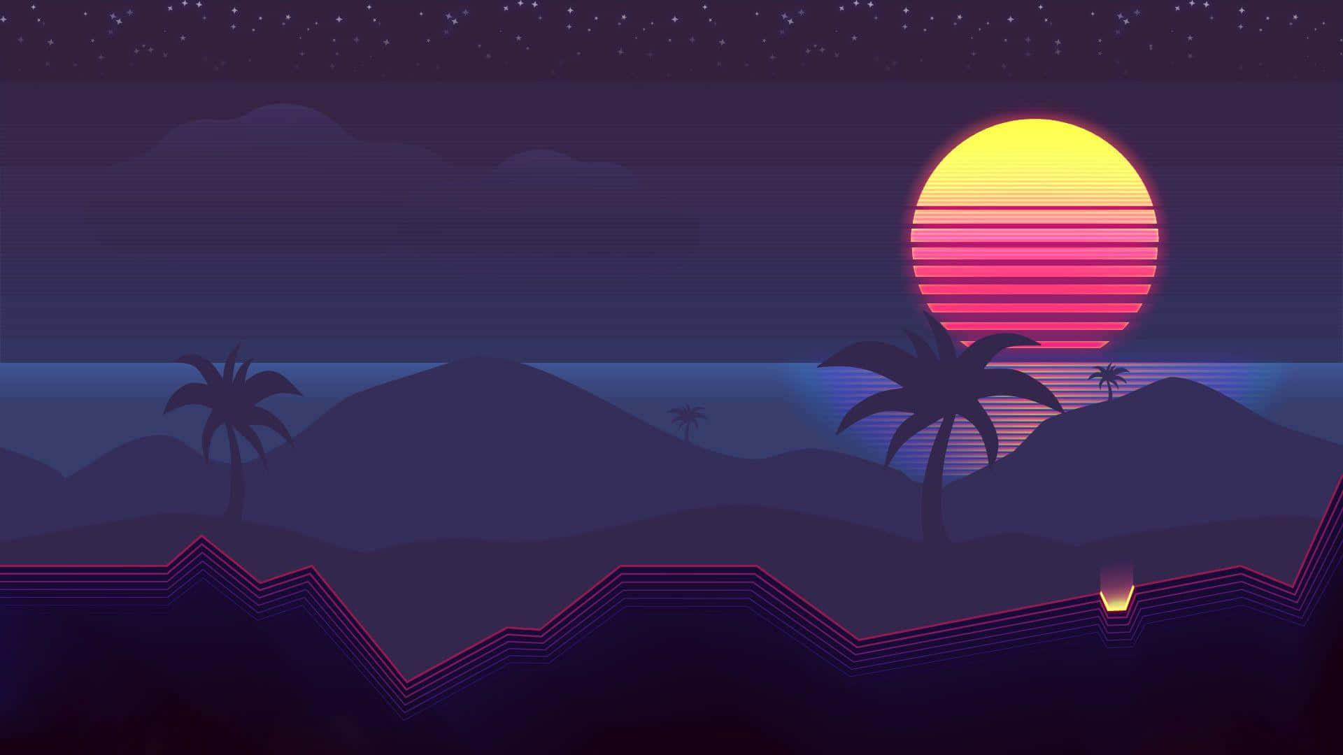 以霓虹步入八十年代 壁紙 — 復古未來主義的日落，在繁星點點的夜空下，深色山丘和棕櫚樹上方有橙色和粉紅色條紋的太陽。
