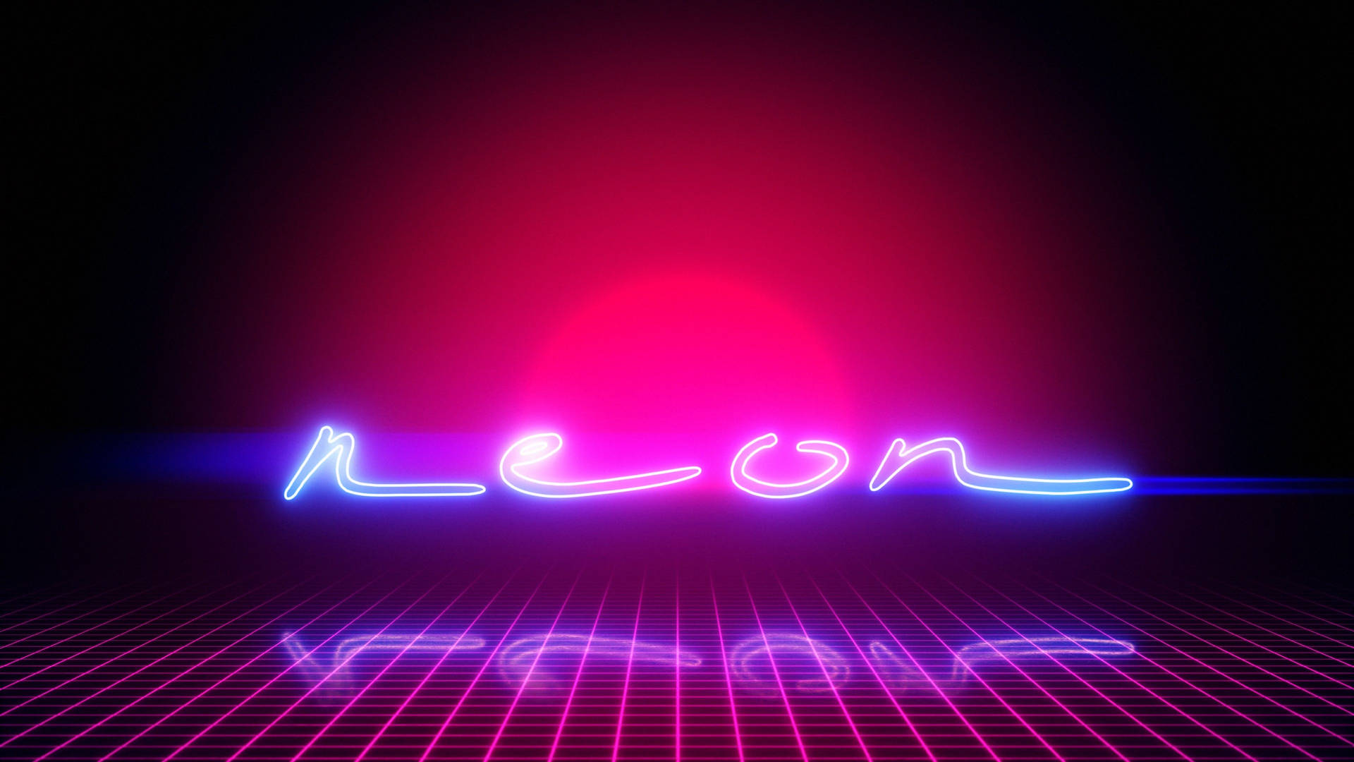 霓虹燈牌在發光網格地板上拼寫 neon，背景為粉紅色太陽。
