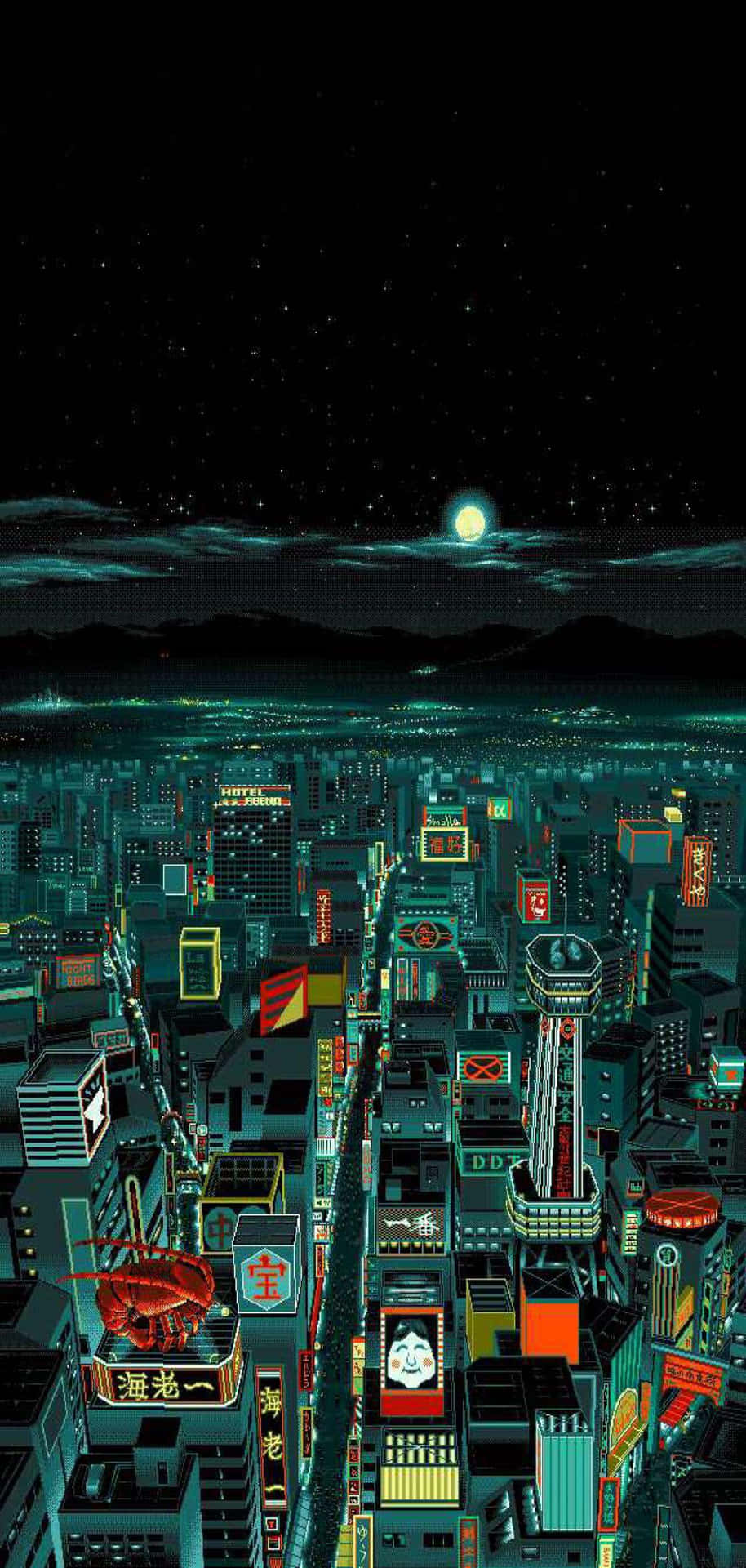 未來城市夜景，霓虹燈招牌閃爍，山上有滿月。