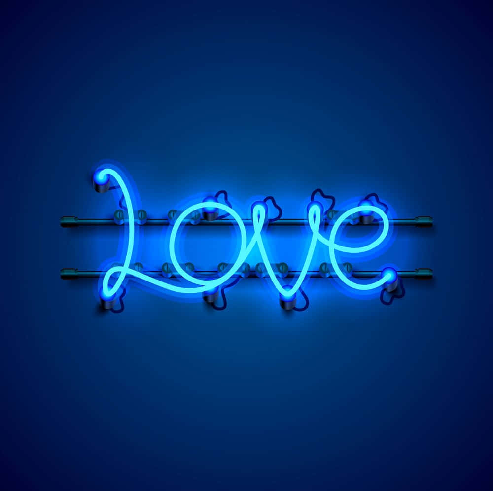 藍色霓虹燈牌，上面有 love 字樣，安裝在深藍色牆上。 — 螢光藍 GIF 壁紙