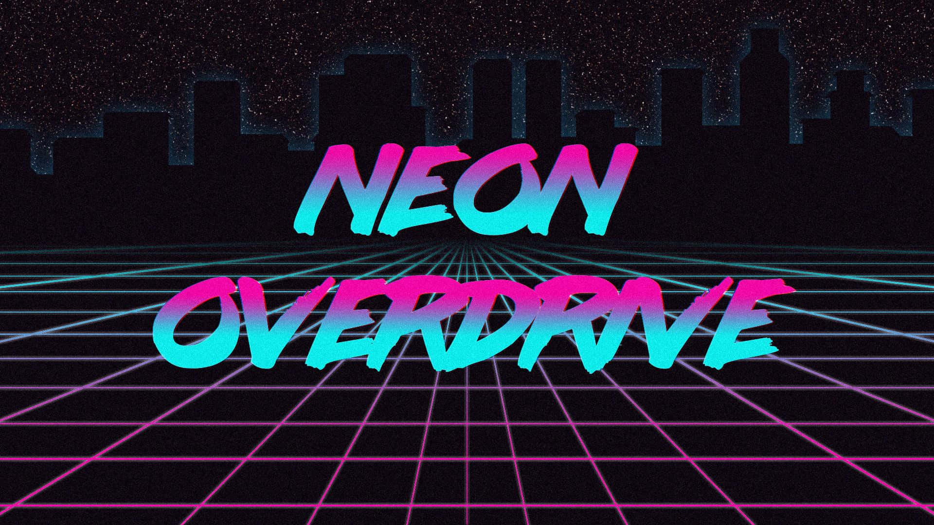 「以霓虹重現八十年代的活力與時尚！」 壁紙 — 鮮豔的霓虹文字顯示「NEON OVERDRIVE」，背景是復古未來風格的網格和城市天際線，在星空下。