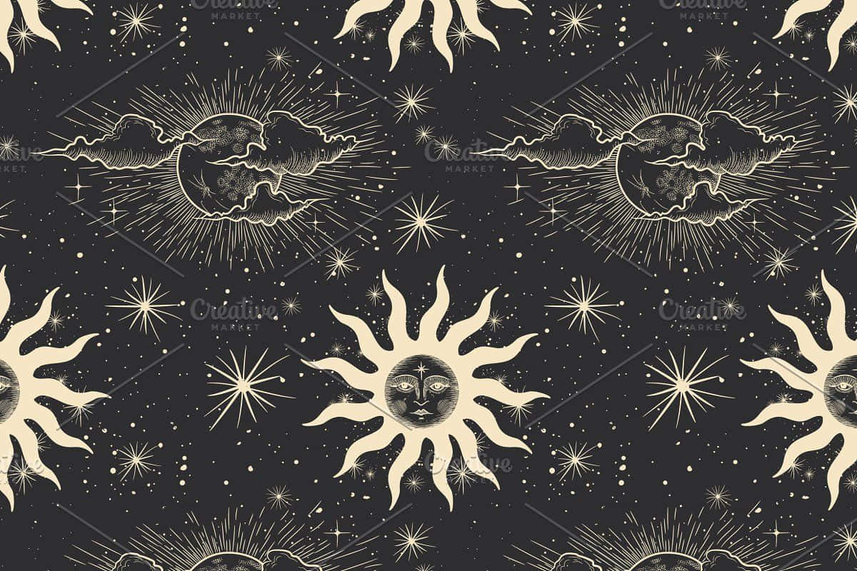 以靈性專注取代分心 壁紙 — 復古天體圖案，以奶油色太陽、月亮和星星點綴在深色背景上。