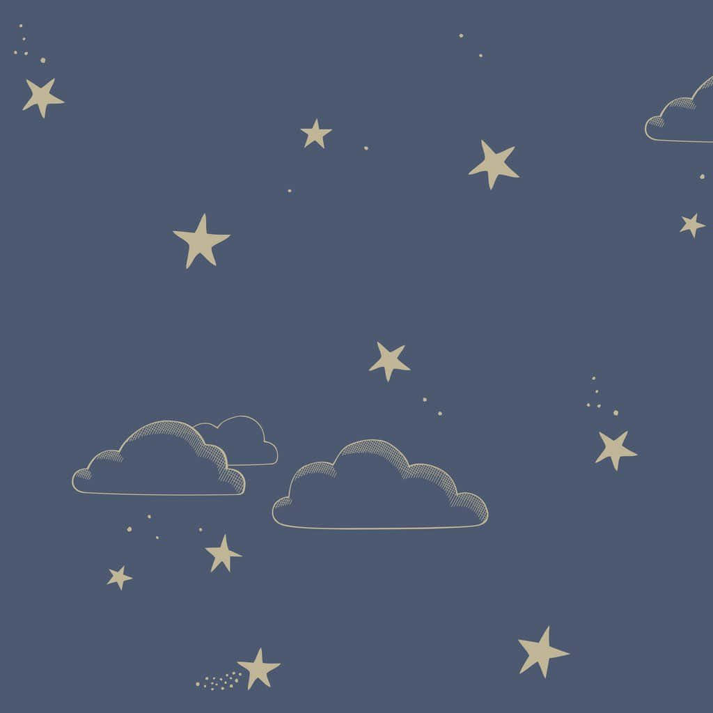 奶油色的星星和雲朵漂浮在深藍色的夜空中。