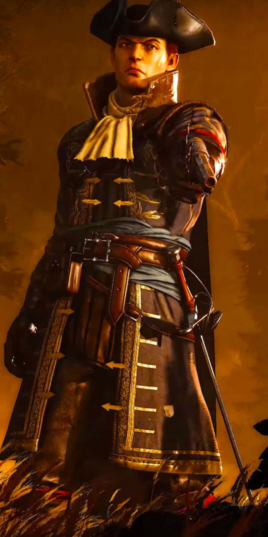 以革命性的 Pixel 3 探索《Greedfall》的壯麗世界 壁紙 — 一位嚴肅的海盜船長，身穿華麗的深色盔甲和三角帽，站在金色火焰和煙霧之中。
