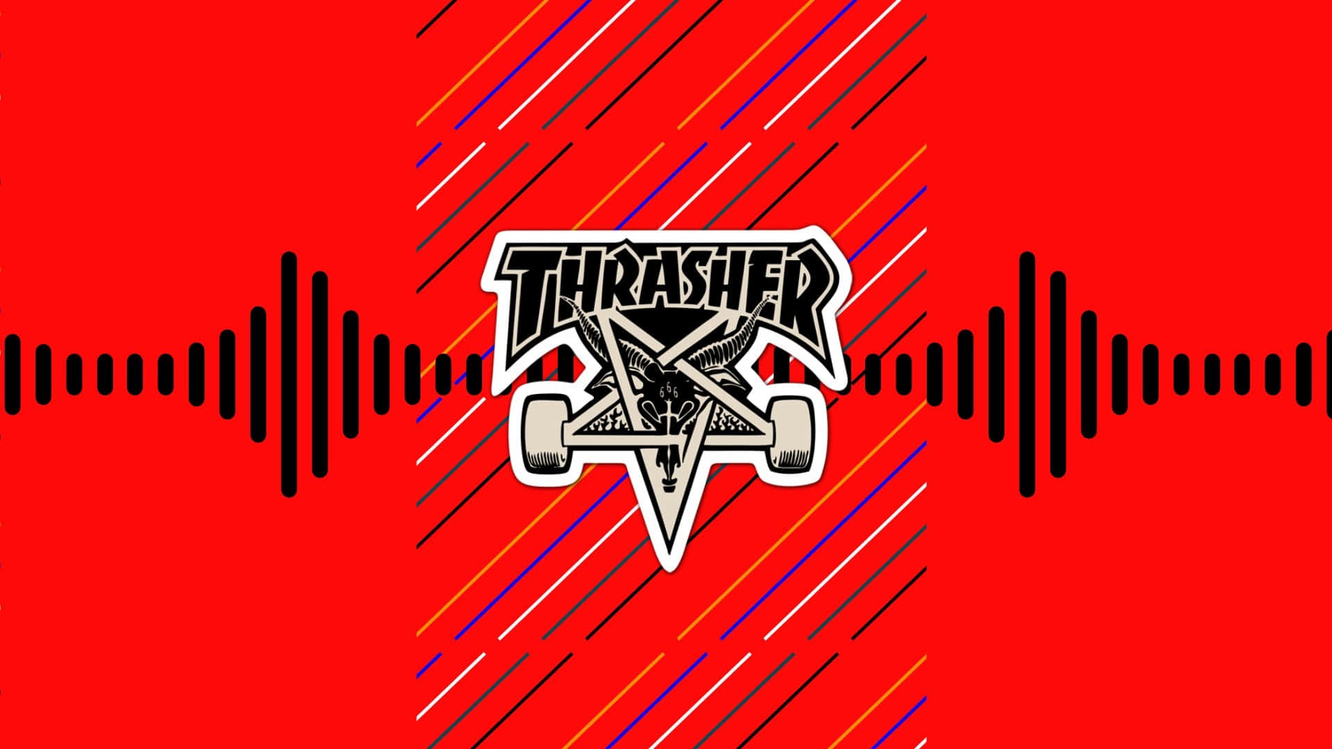 Thrasher雜誌標誌居中於紅色背景上，帶有音頻波形和彩色對角線條。