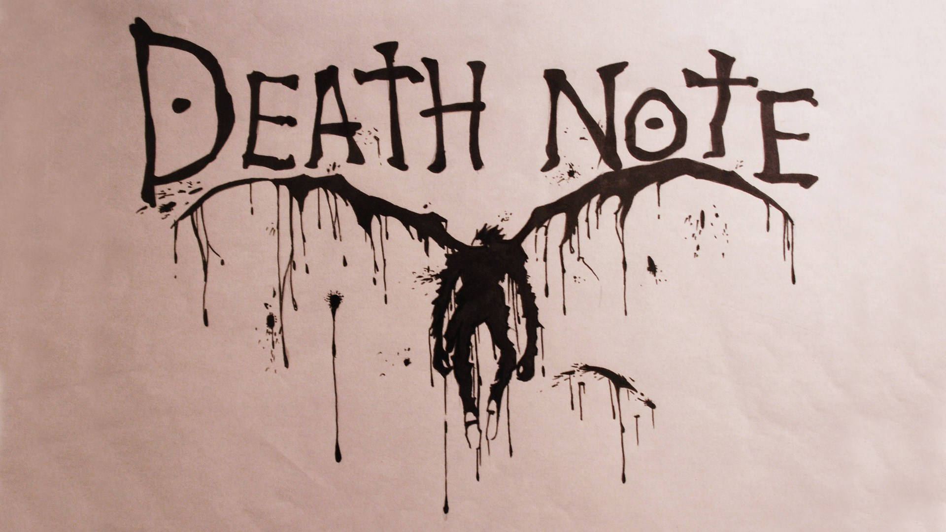 Death Note 標誌，帶有滴墨和蝙蝠剪影，在米色紙上。