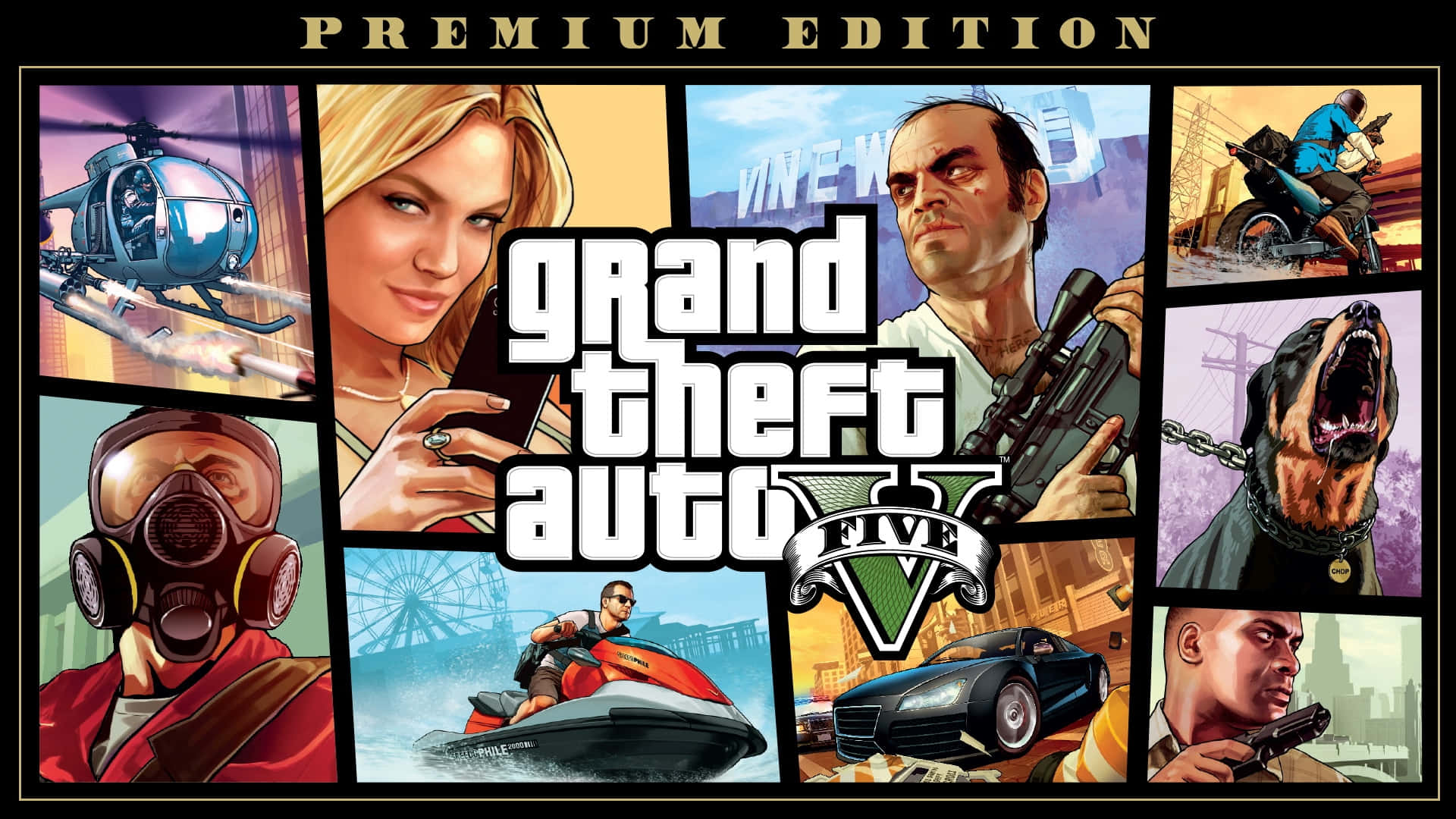 Grand Theft Auto V 遊戲封面，以漫畫面板展示角色、車輛和武器。