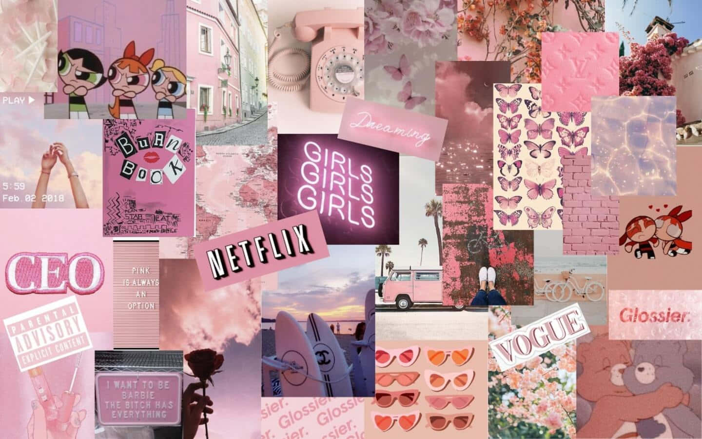 Baddie Vintage 90's Aesthetic 桌布 壁紙 — 以飛天小女警、復古電話、蝴蝶、Netflix標誌和Vogue文字為特色的夢幻粉紅色拼貼畫。
