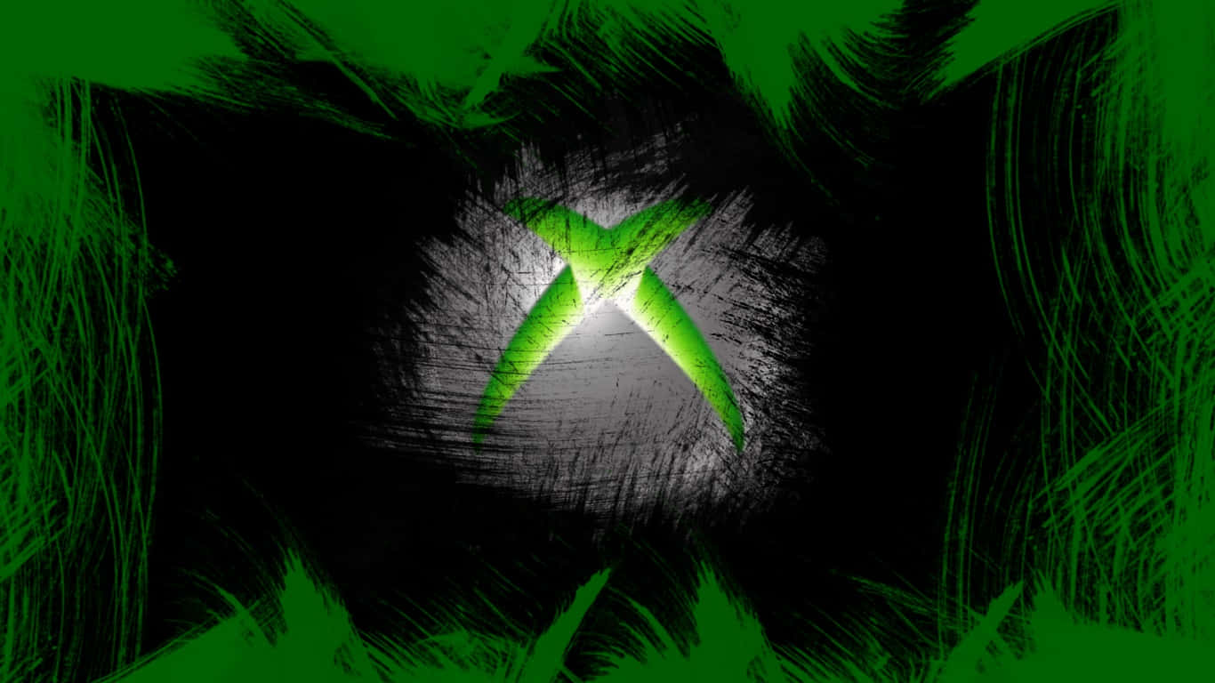 以驚人 Cool Xbox 升級您的遊戲體驗！ 壁紙 — 一個發光的綠色Xbox標誌從黑暗中心散發出來，周圍環繞著充滿活力的綠色和黑色的動態筆觸紋理。