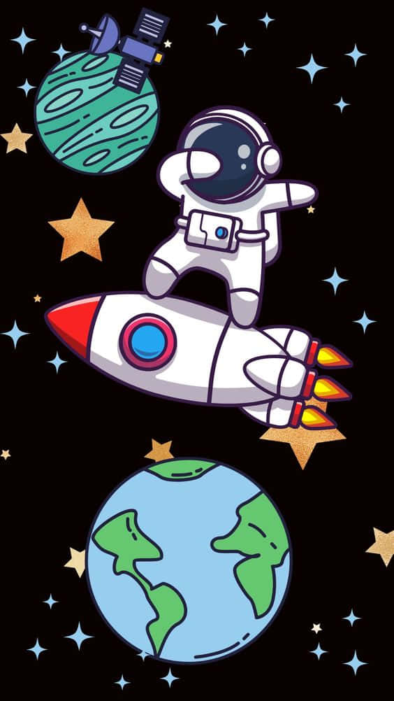 一個卡通太空人乘坐火箭飛船穿越太空，伴隨著星星和行星。