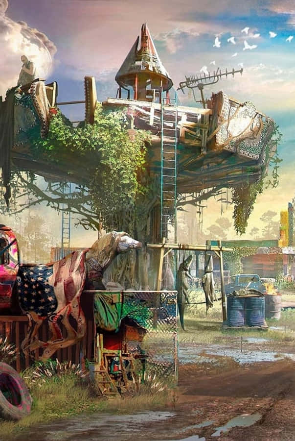 以驚人清晰度捕捉《Far Cry New Dawn》新世界的壯麗美景 壁紙 — 一個古怪的樹屋堡壘，長滿藤蔓，堆滿雜物，坐落在一棵多節的樹上，位於泥濘的末日後庭院中。