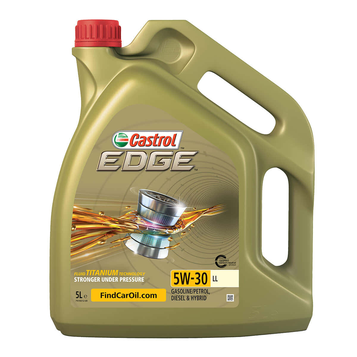 以高品質機油保護引擎 壁紙 — 一個5公升橄欖綠色的Castrol EDGE 5W-30機油瓶，帶有紅色蓋子和標籤上的動態流體圖形。