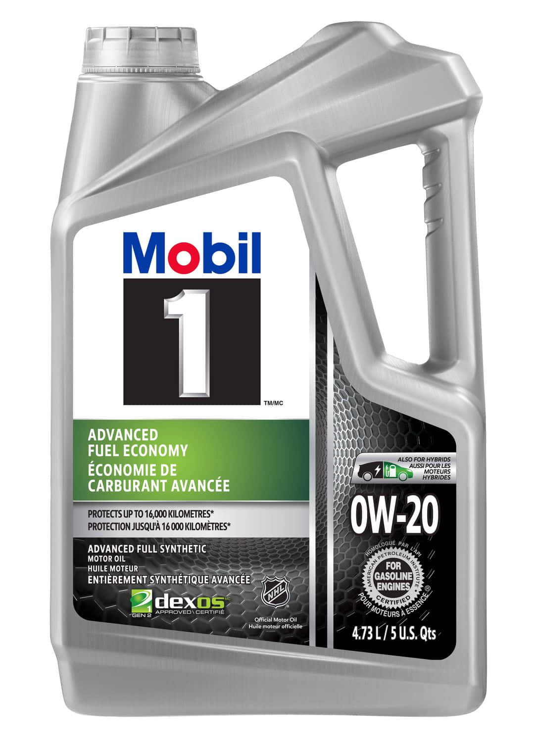 以高品質機油讓引擎保持最佳性能 壁紙 — 銀色瓶裝Mobil 1 0W-20高級全合成機油，帶有雙語標籤和認證標誌。