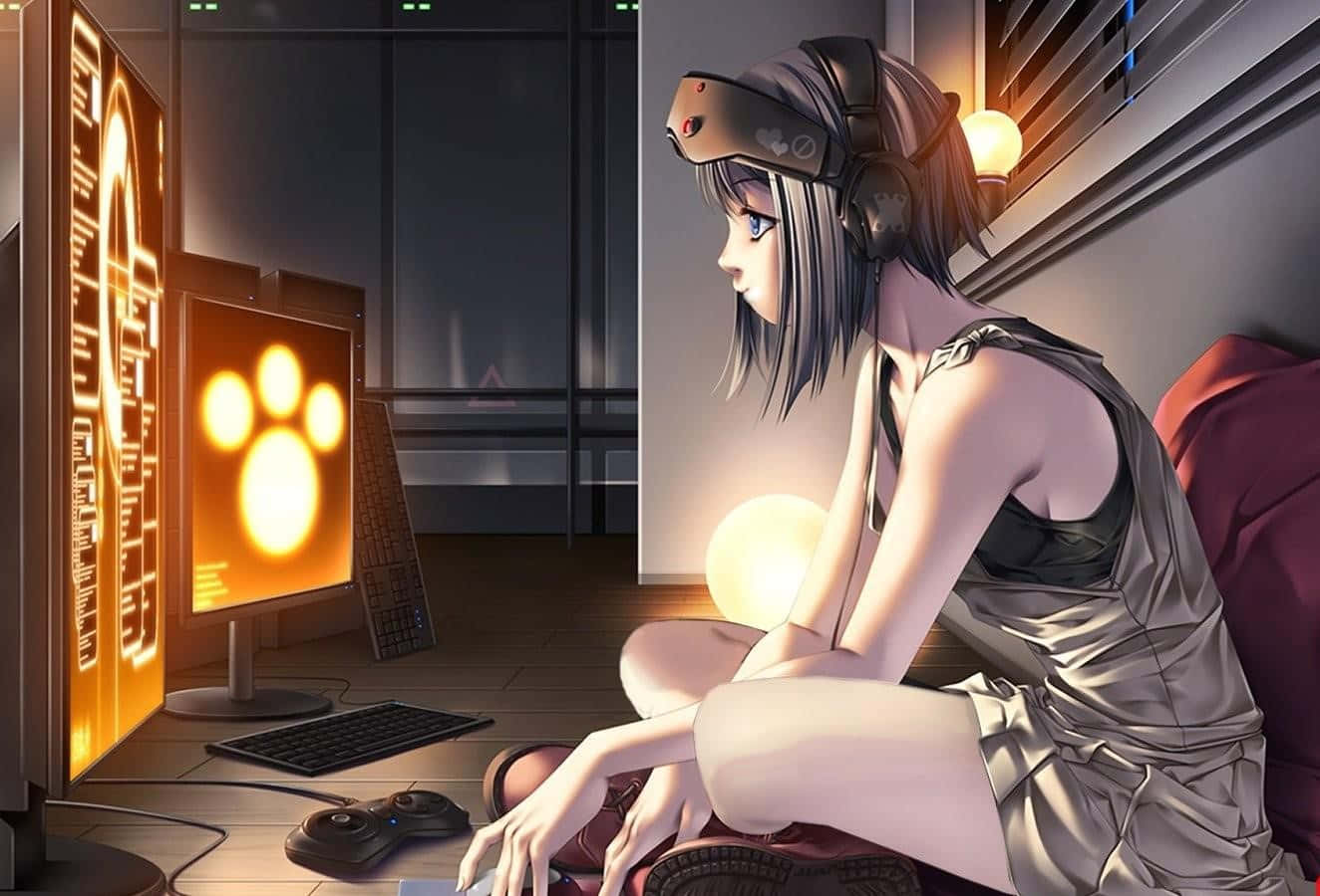 以高強度性能遊戲，釋放極致樂趣 壁紙 — 戴著耳機的動漫女孩盤腿坐在沙發上，在溫暖的環境燈光下激烈地玩遊戲。