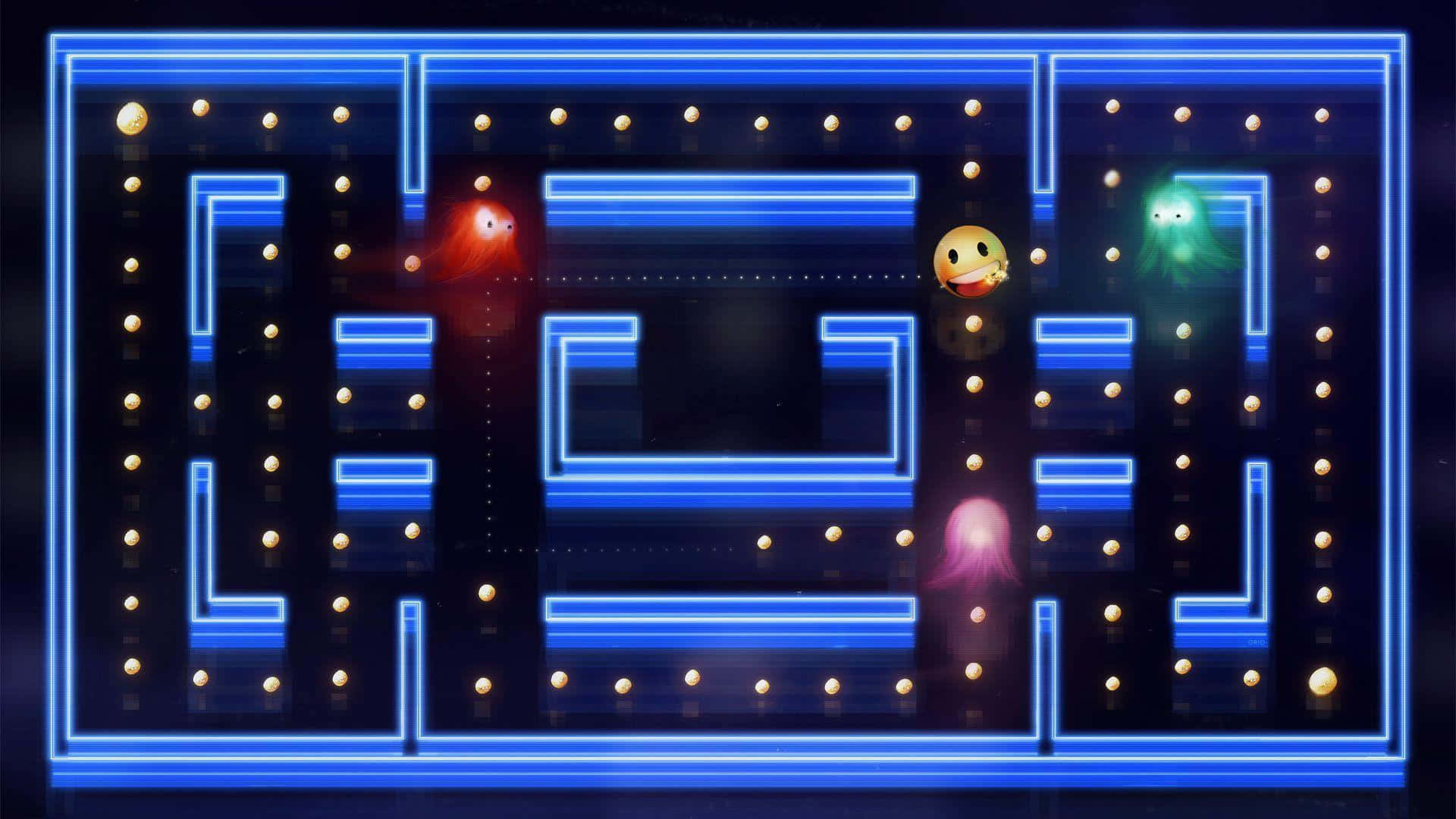 經典 Pac-Man 遊戲，帶有發光迷宮和彩色鬼魂。