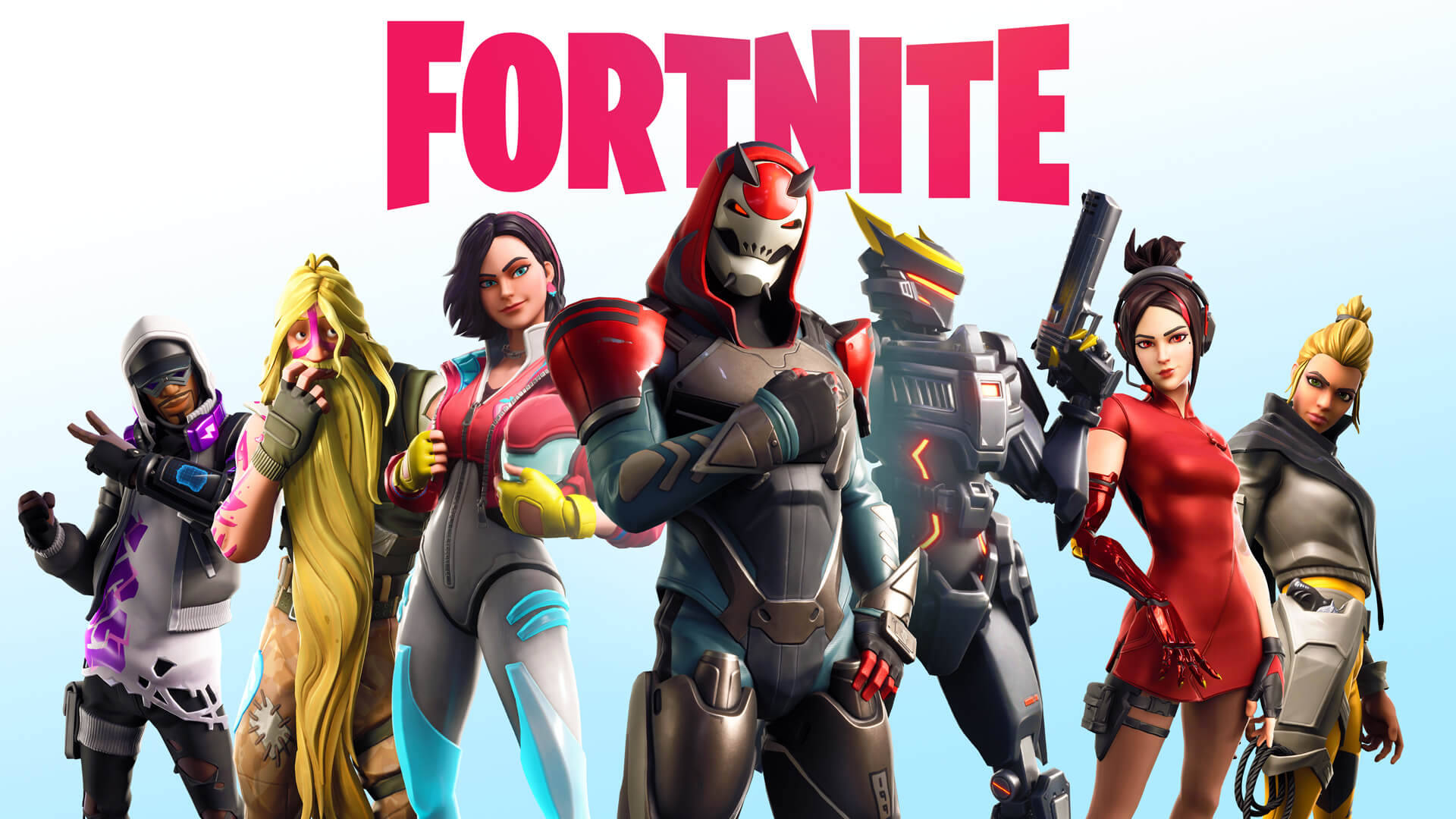 六個Fortnite遊戲角色穿著未來風格服裝，手持武器擺姿勢。