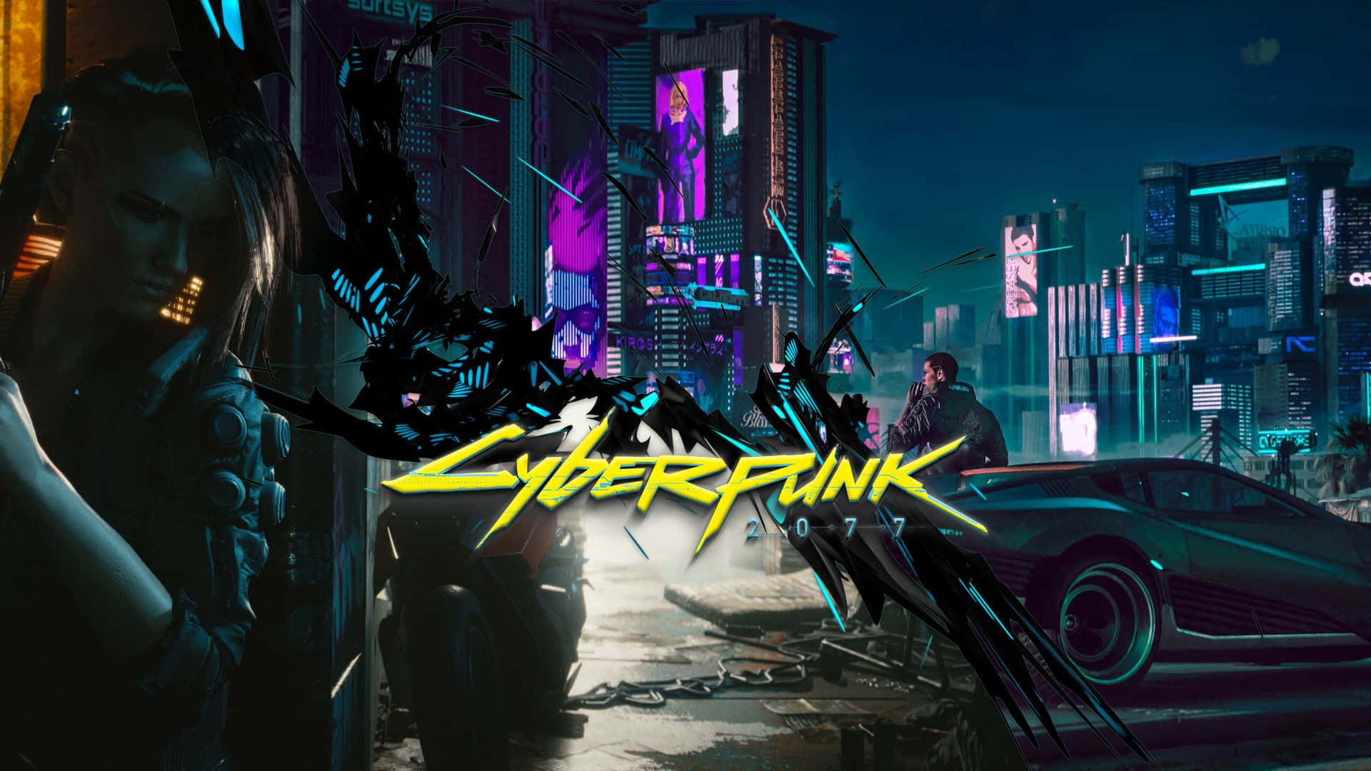 以高畫質探索《賽博朋克2077》的未來世界 壁紙 — 夜晚霓虹燈閃爍的賽博龐克城市景觀，高聳的摩天大樓散發紫色和藍色光芒，一輛未來主義汽車和前景中的角色。