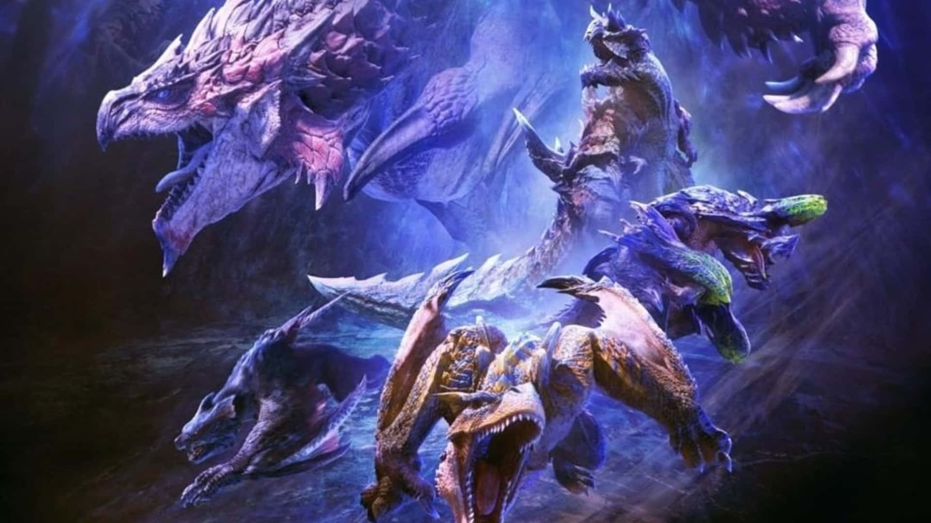 以高畫質體驗《怪物獵人：世界》 壁紙 — 一個戲劇性的數碼藝術場景，多隻帶有發光眼睛和尖銳牙齒的怪獸龍從黑暗迷霧環境中出現。